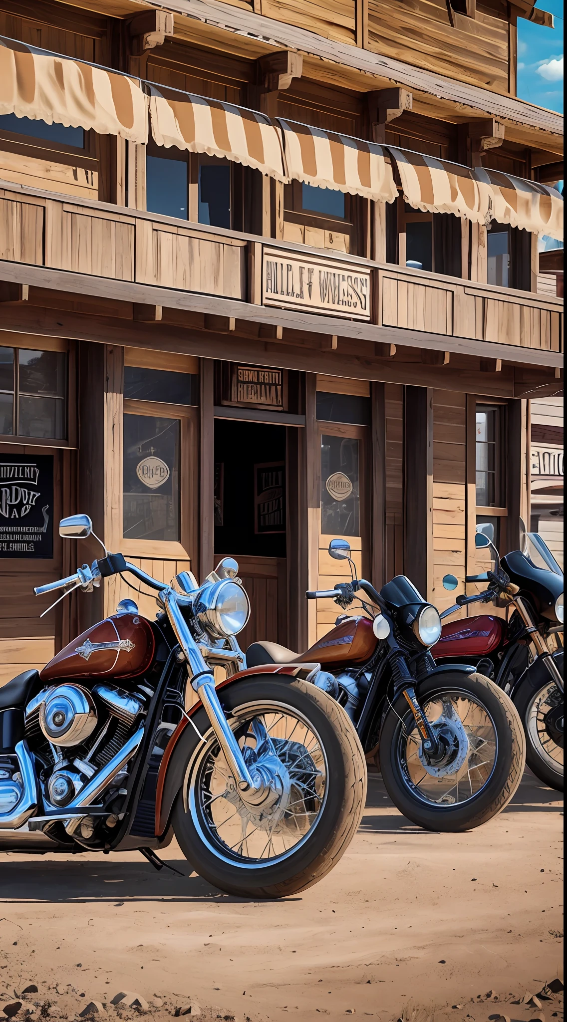 photo of the front of a saloon style wild west., in a small town of the 1800s in the farwest, Several Harley Davidson motorcycles parked in front in ears, with a pretty girl in the décor style steampunk, cinematic lighting, wide shot, high detail, Realism, super detail, high quality, best quality, high details, 4K --auto --s2