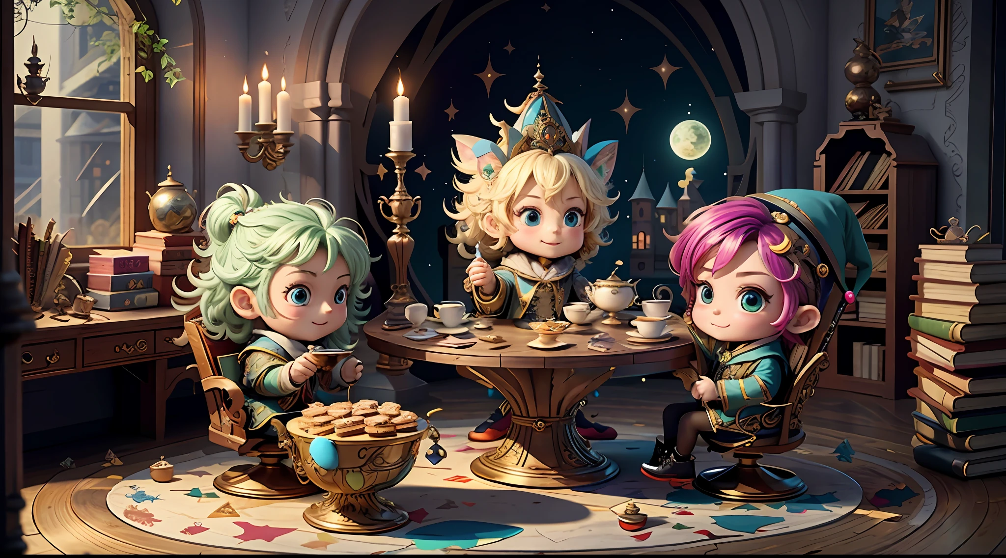 Masterpiece, Best Quality, Wizard Tea Party, [[Chibi]], Handsome Witch, Beautiful Witch, Happy, Energetic, Colorful,