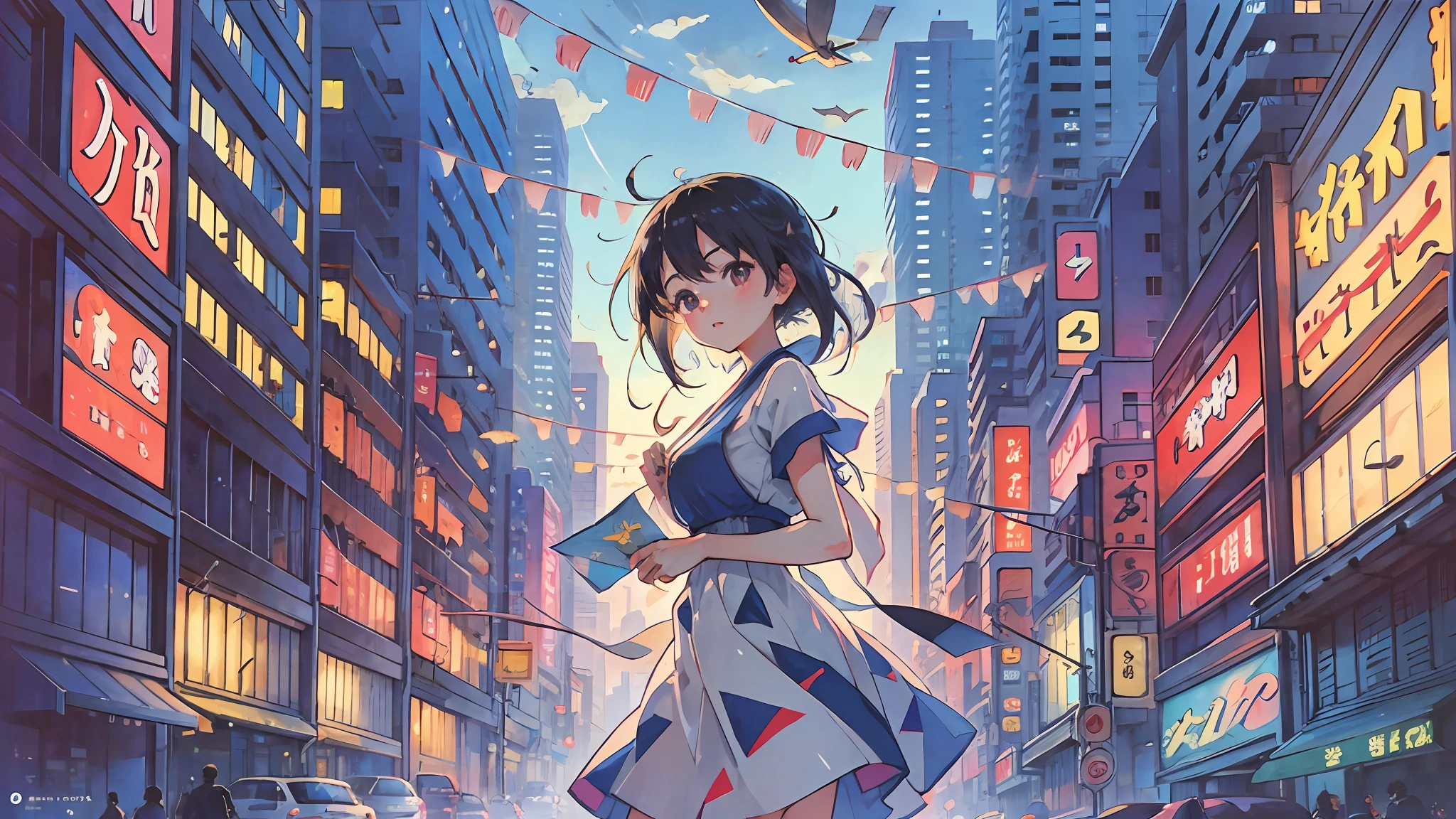 lonly cute 1girl waring Vesttop One-piece dress sandals, holding and playing Paper airplane, infront of Stationery store, blue sky Cityscape, 80s hong kong cityStreet view, low poly, cinematic lighting, speed lines, in the 80s Japanese anime, city pop art, vibrant color,Minimalism, Color Field painting, halftone, anaglyph --auto --s2