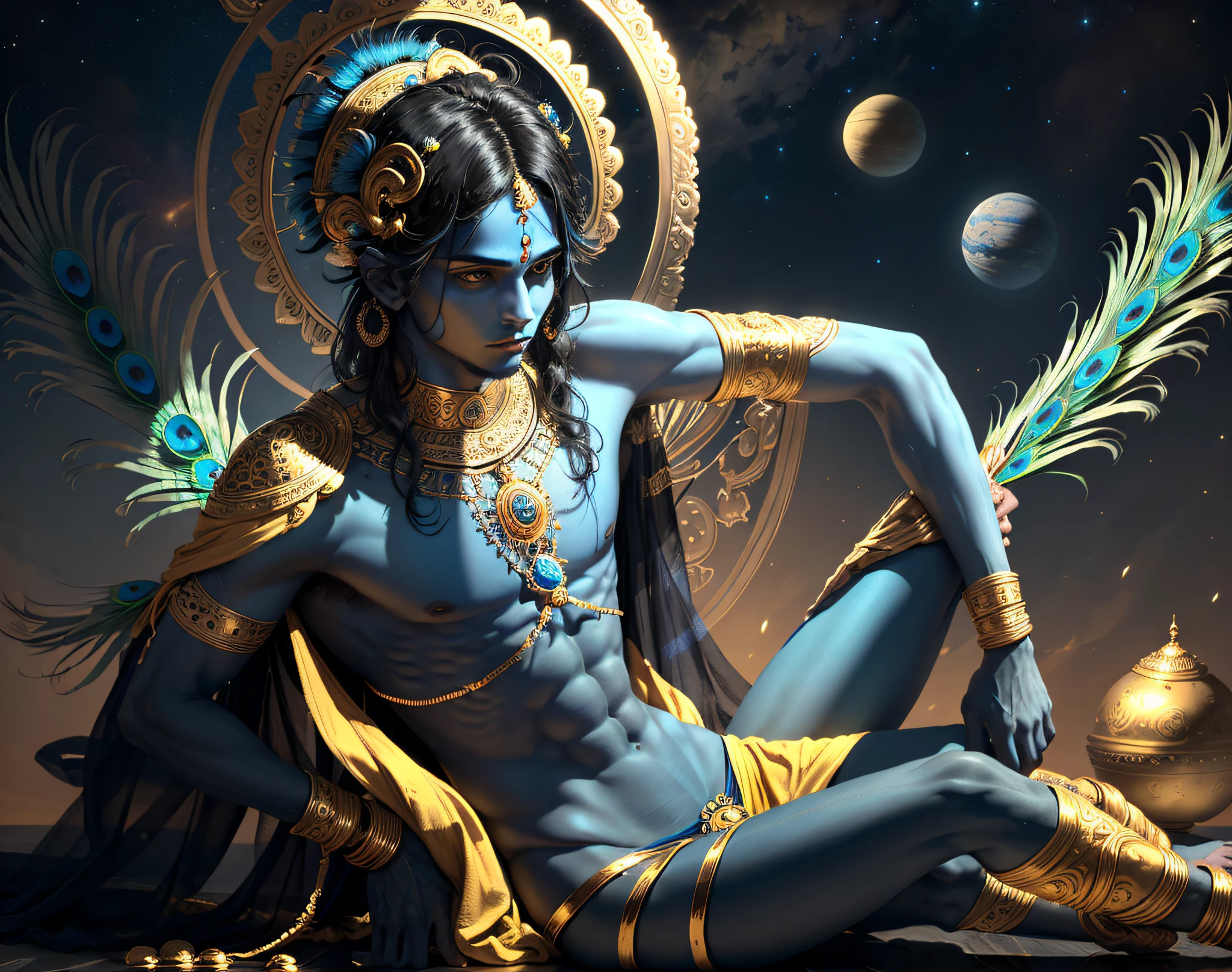 ((masterpiece, best quality)), male Krishna with skin all in blue tone, very beautiful, black and medium hair, a peacock feather on his head, thin, wearing yellow clothes, alone pleasant expression, in serious posture, facing the viewer, golden clouds and planets in the background