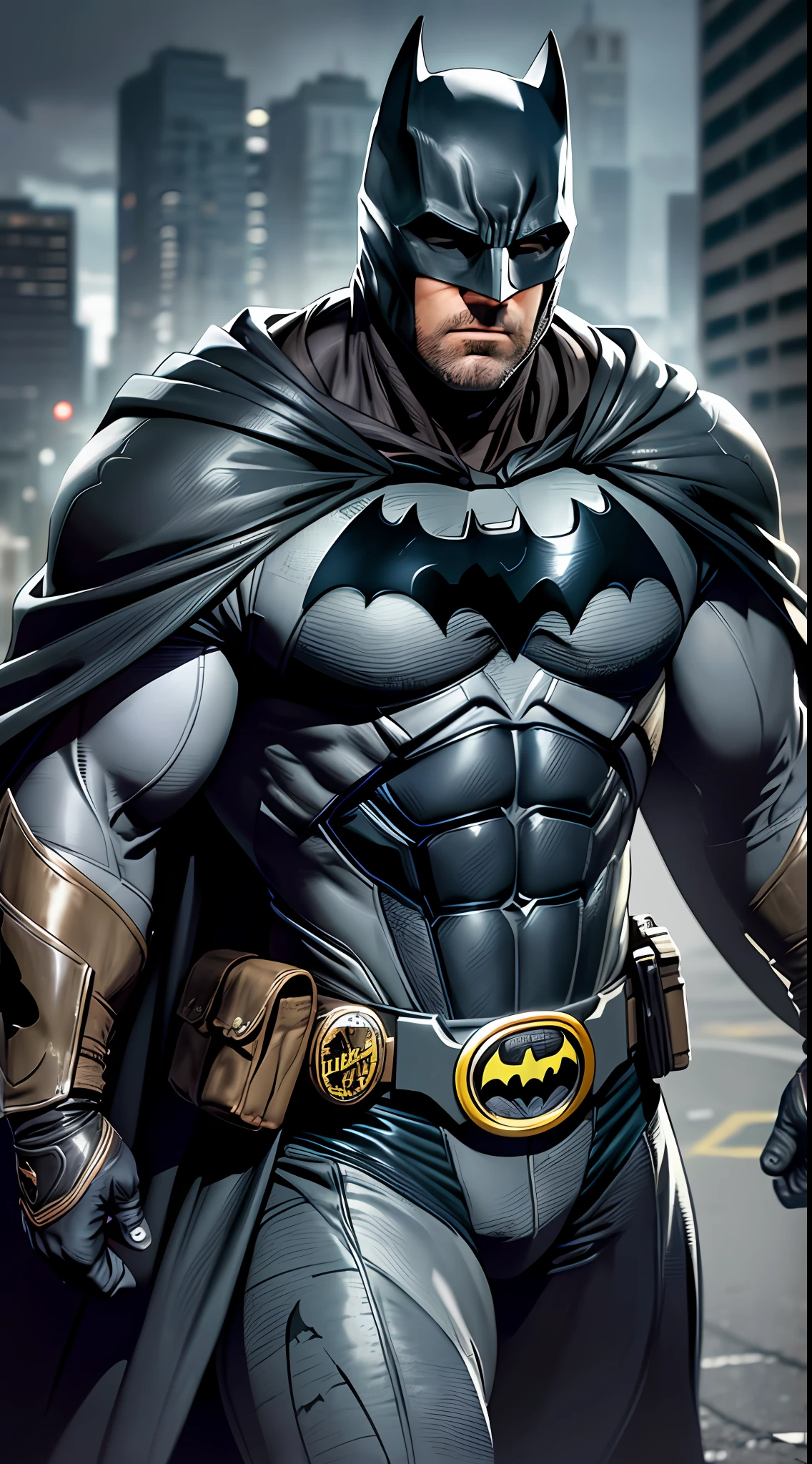 Cowboy shot of Ben Affleck as Batman, tall, hunk, musular, bulk, photorealism, dark dirty grey suit, best quality, masterpiece, high resolution, black cape, high detailed mask, high detailed suit, high detailed face, award winning, cinematic, film grain, 8k