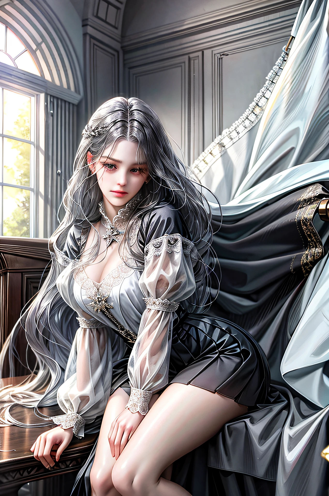 (absurd, high resolution, super detailed), one girl, alone,, (long dark gray hair), white dress, long sleeves, elegant, holy, colorful, more detailed, portrait, close-up, underwater, floating hair, sad flow, tears, long hair, another short one behind the woman there are windows showing various buildings in the city (absurd, high resolution, super detail), Gefax employees, One has long hair, the other has short women, white sheer blouse, black tight mini skirt, sitting on a chair, legs open, black underwear bite, sexy pose, lower body slender, back figure, gaze is by the window, buttocks stick out, on all fours, buttocks facing forward, provocative, holding down skirt and reluctance,