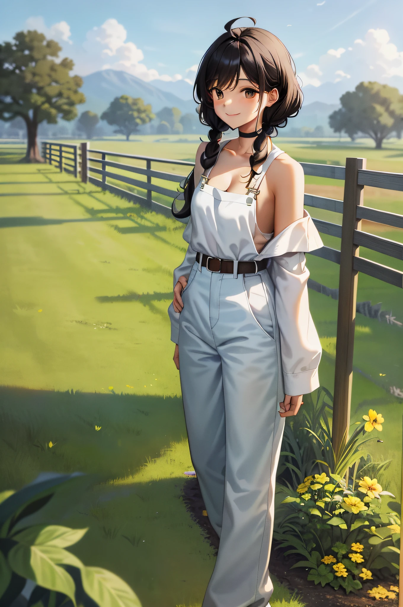 Masterpiece, best quality, highres, gscg, ahoge, overalls, white shirt, collarbone, off shoulder, long sleeves, belt, long pants, medium breasts, cowboy shot, standing, smile, outdoor, grass, long curly black hair, black skin.