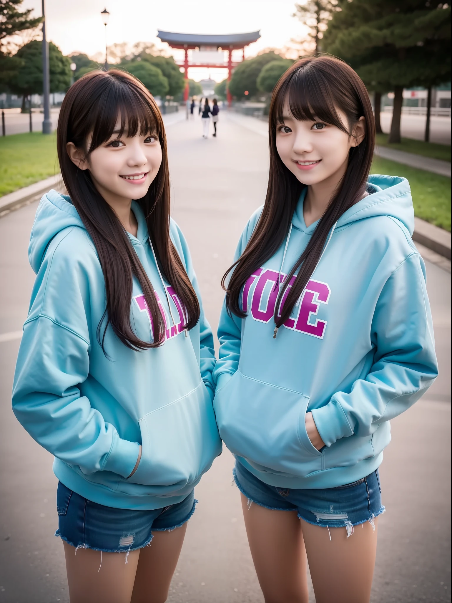 Japan people, identical twin sisters, , bangs, smile, hoodie, park, real, cinematic lighting, best quality, 8k uhd