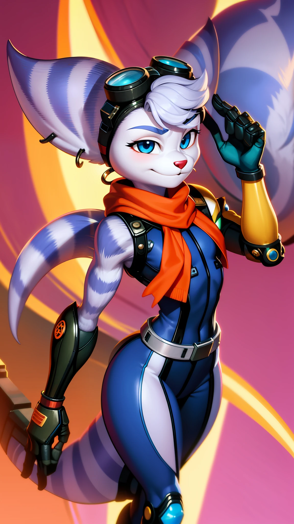 furry,rivetlombax,blue eyes,animal ears,earrings,goggles on head,bangs,mechanical arms,scarf,bodysuit,belt,tail,forest,smile,