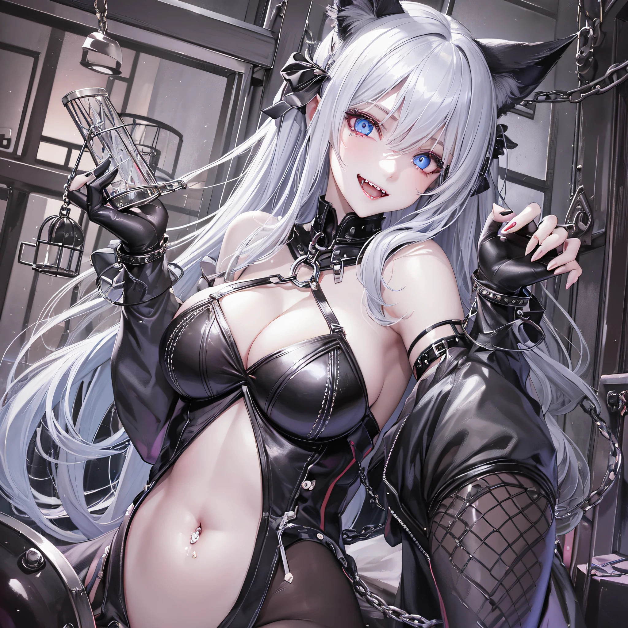 1 girl, big, succubus, evil smile, long gray hair, pale skin, heart-shaped light blue eyes, fangs, white cat ears, cage, chain --auto --s2