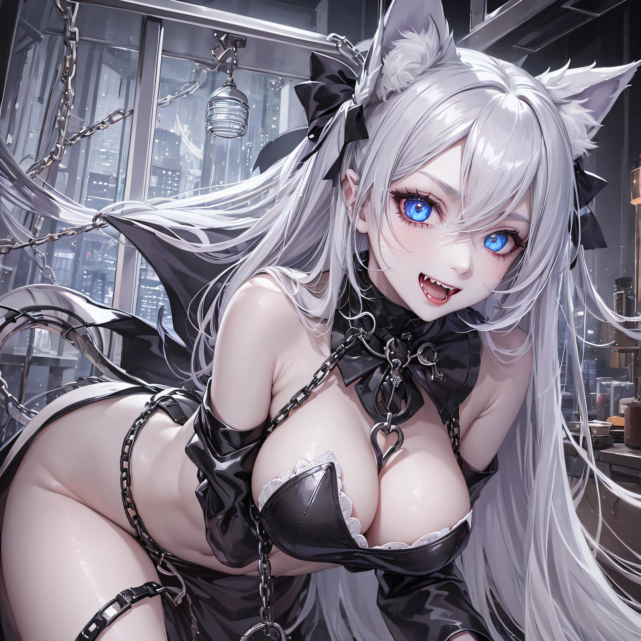 1 girl, big, succubus, evil smile, long gray hair, pale skin, heart-shaped light blue eyes, fangs, white cat ears, cage, chain --auto --s2