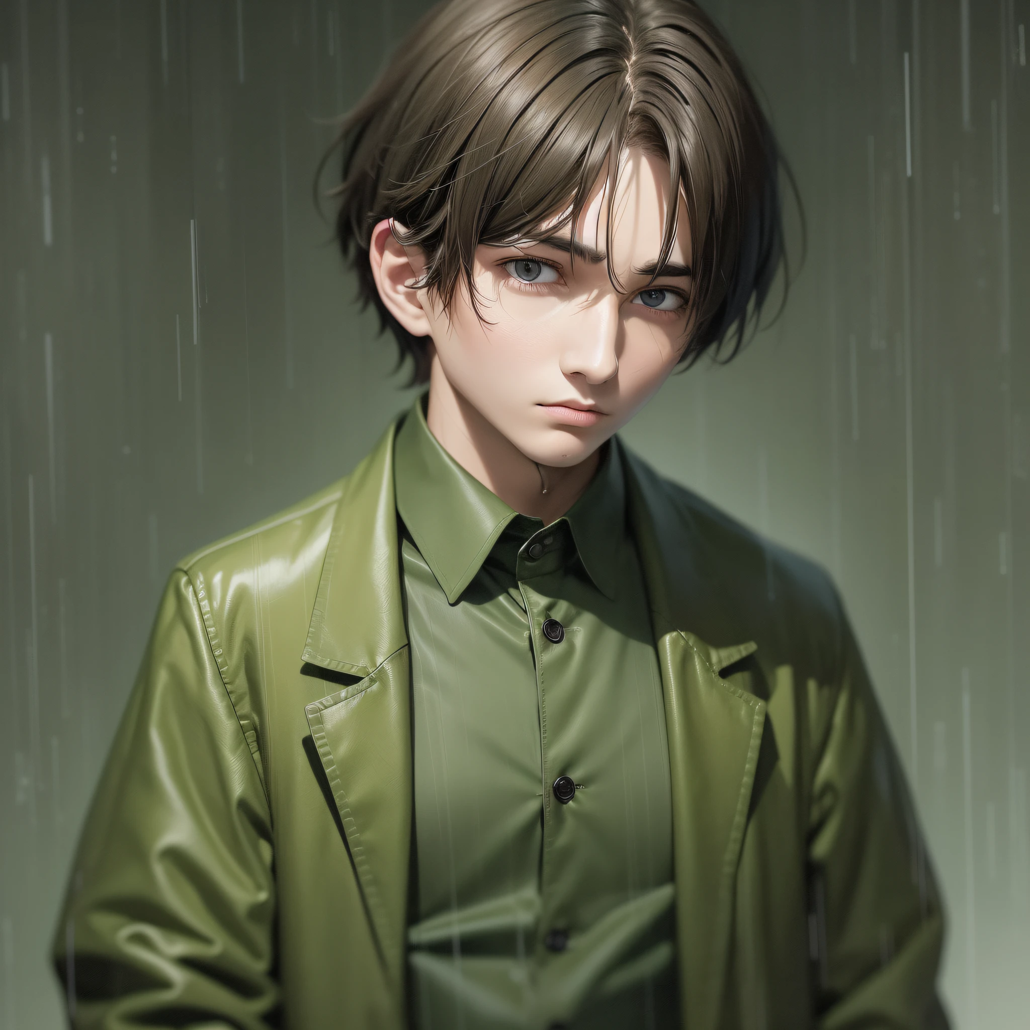 On a rainy day, a brown-haired boy in a dark green shirt and black coat is expressionless, short hair, clothes and hair wet by rain, chiaroscuro, ultra hd, ultra hd, ultra hd