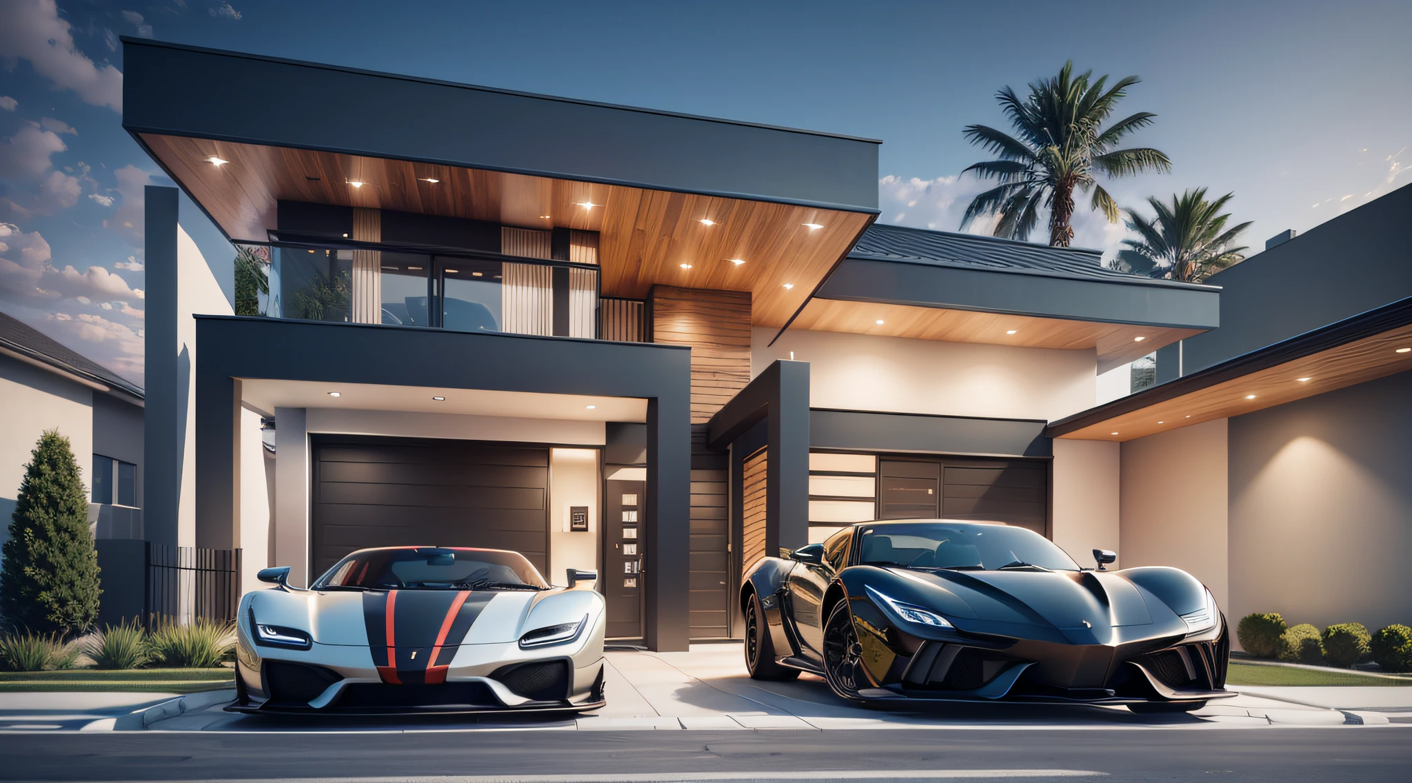 Modern American style house façade with super car in front --auto --s2