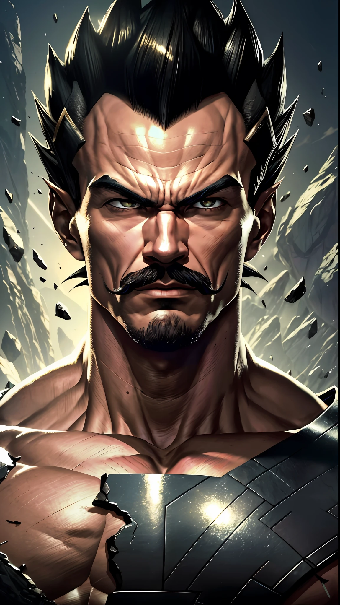 8k portrait of vegeta muscular, intricate, looking at the camera, elegant, wearing mustache, highly detailed, majestic, digital photography, art by artgerm and ruan jia and greg rutkowski, black hair, broken glass around (masterpiece, side lighting, beautiful finely detailed eyes: 1.2 ), hdr,