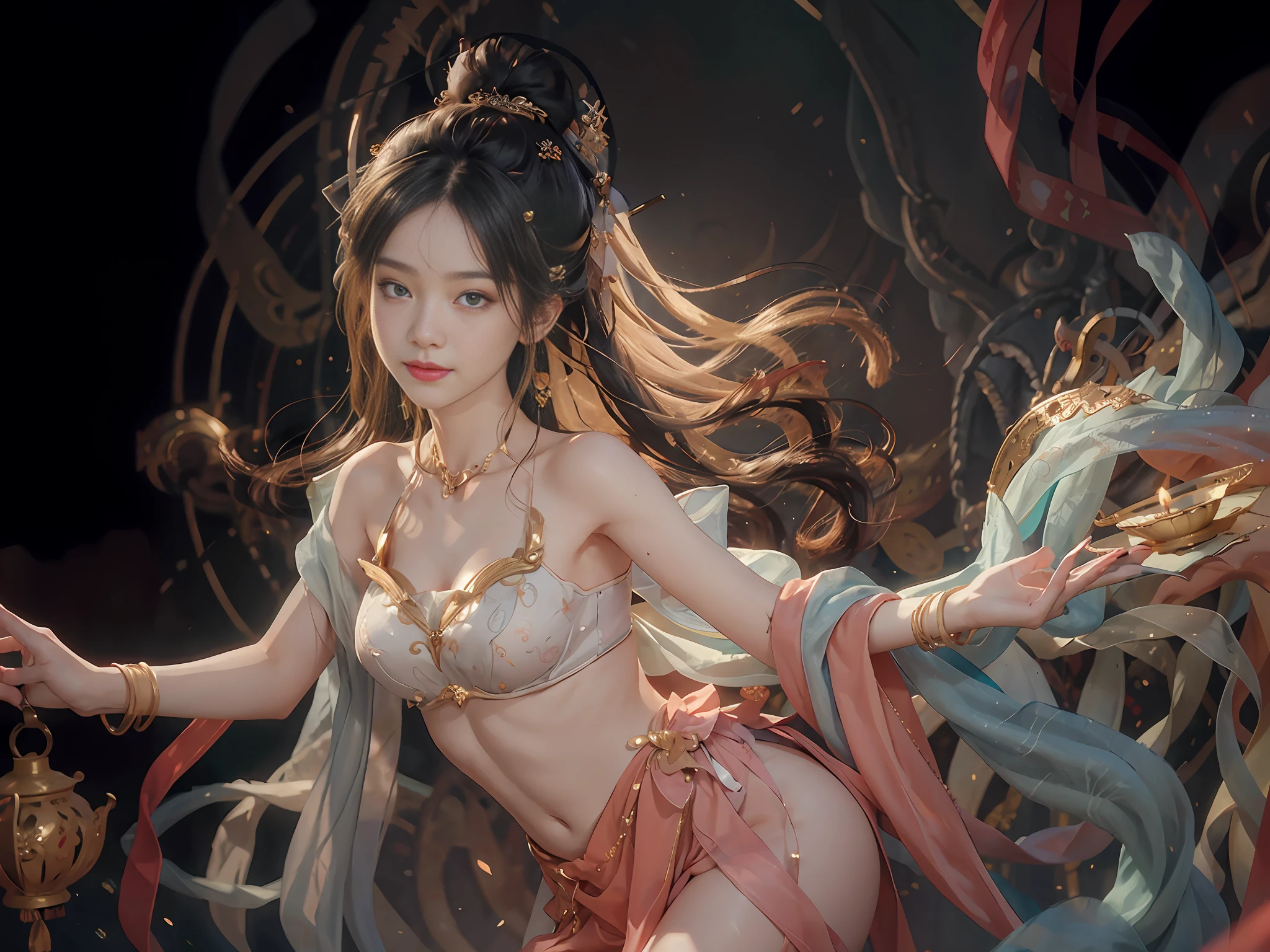 (RAW Photo, Best Quality), (Realistic, Photorealistic Real: 1.3), Best Quality, Highly Detailed, Masterpiece, Ultra Detailed, Illustration, 1 Girl, upper_body, Dynamic Angle, World Mastery Theater, messy_long_hair, Best Quality, Extremely Delicate Beautiful Girl, Supple Fair Skin, Delicate Facial Features, Perfect Face, Sexy Collarbone, Delicate Forehead, Delicate Eyelashes, Delicate Eyes, Bare Shoulders, Stunning Beauty, Extreme Details, Realistic Details, Abdomen, navel, extremely detailed CG unified 8k wallpaper, ink, amazing, sexy, peach blossom eyes, light makeup, smile, movie lights, lens_flare, dunhuang_style, mother-in-law dance, bare shoulders, streamers, floating, lanterns, flying pipa girl,