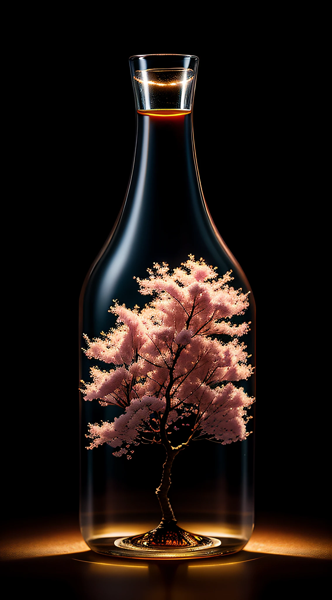 Cherry tree in a bottle, fluffy, realistic, atmospheric light refraction, photographed by lee jeffries, nikon d850 film Stock Photo 4 Kodak portra 400 camera f1.6 lens, rich colors, ultra realistic realistic textures, dramatic lighting, unreal engine trending on artstation cinestill 800, Style-Glass