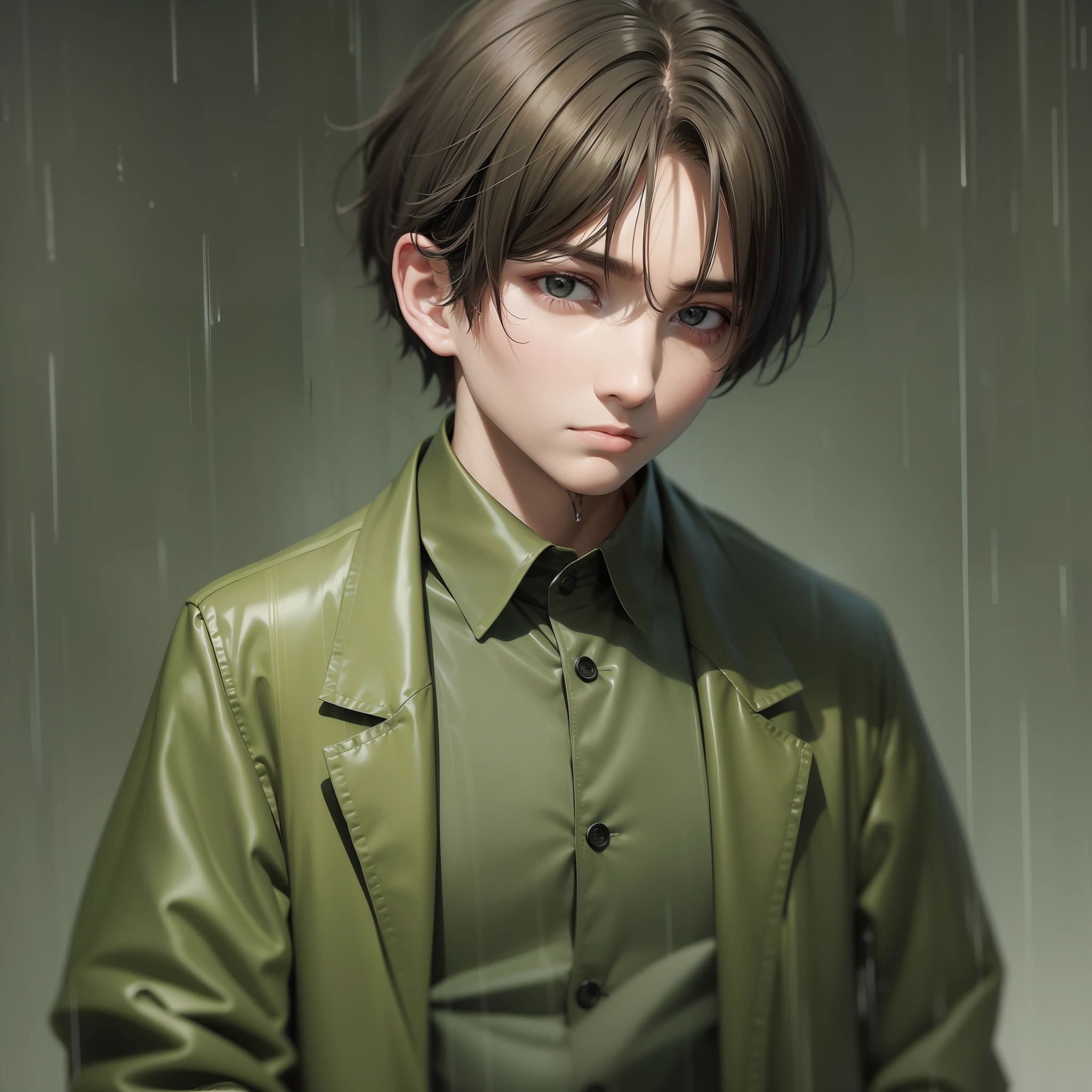 On a rainy day, a brown-haired boy in a dark green shirt and black coat is expressionless, short hair, clothes and hair wet by rain, chiaroscuro, ultra hd, ultra hd, ultra hd