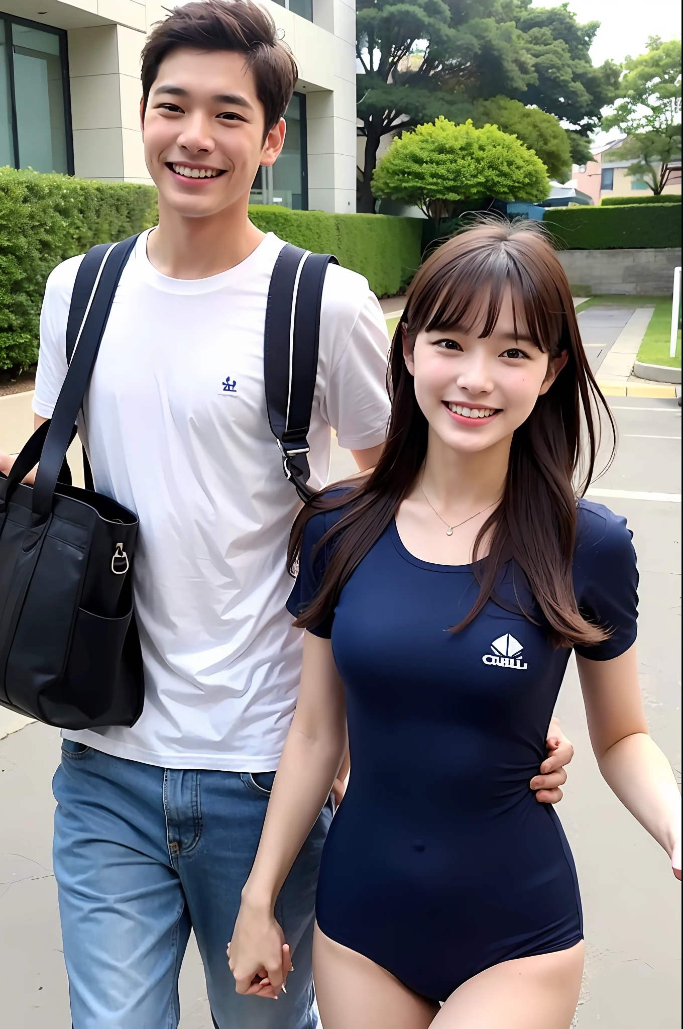 Girl High Cut Navy Blue Competitive Swimsuit Smile Teen Bangs, Boy White T-shirt, Two Men and Women Holding Hands Carrying a Student Bag Walking, In a Residential Area