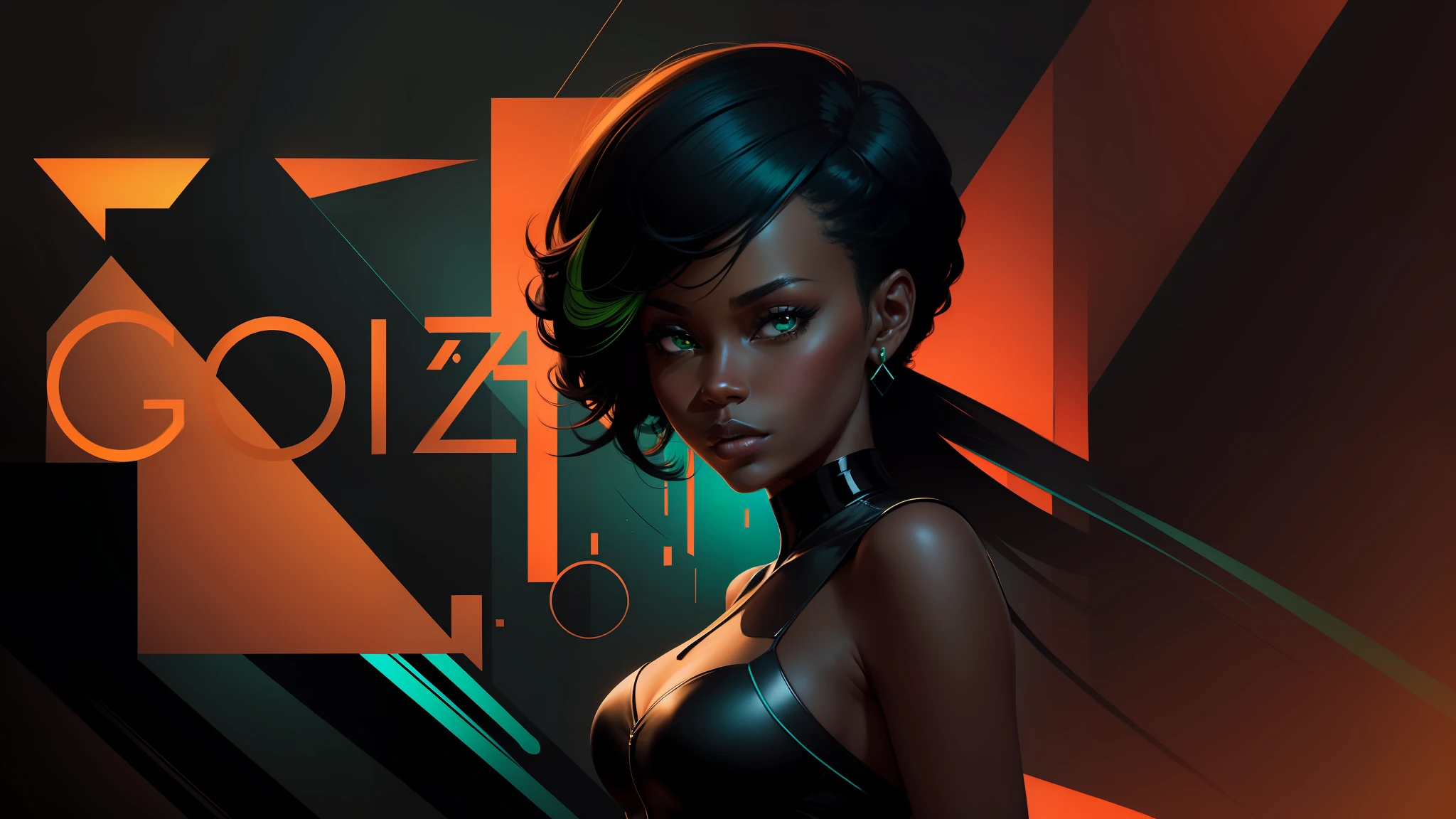 Digital illustration, a modern and elegant black woman, in the style of jazz, looking at the camera and forward, dramatic lighting, colored and abstract flat background, no text, (predominant colors: black, dark blue, green)