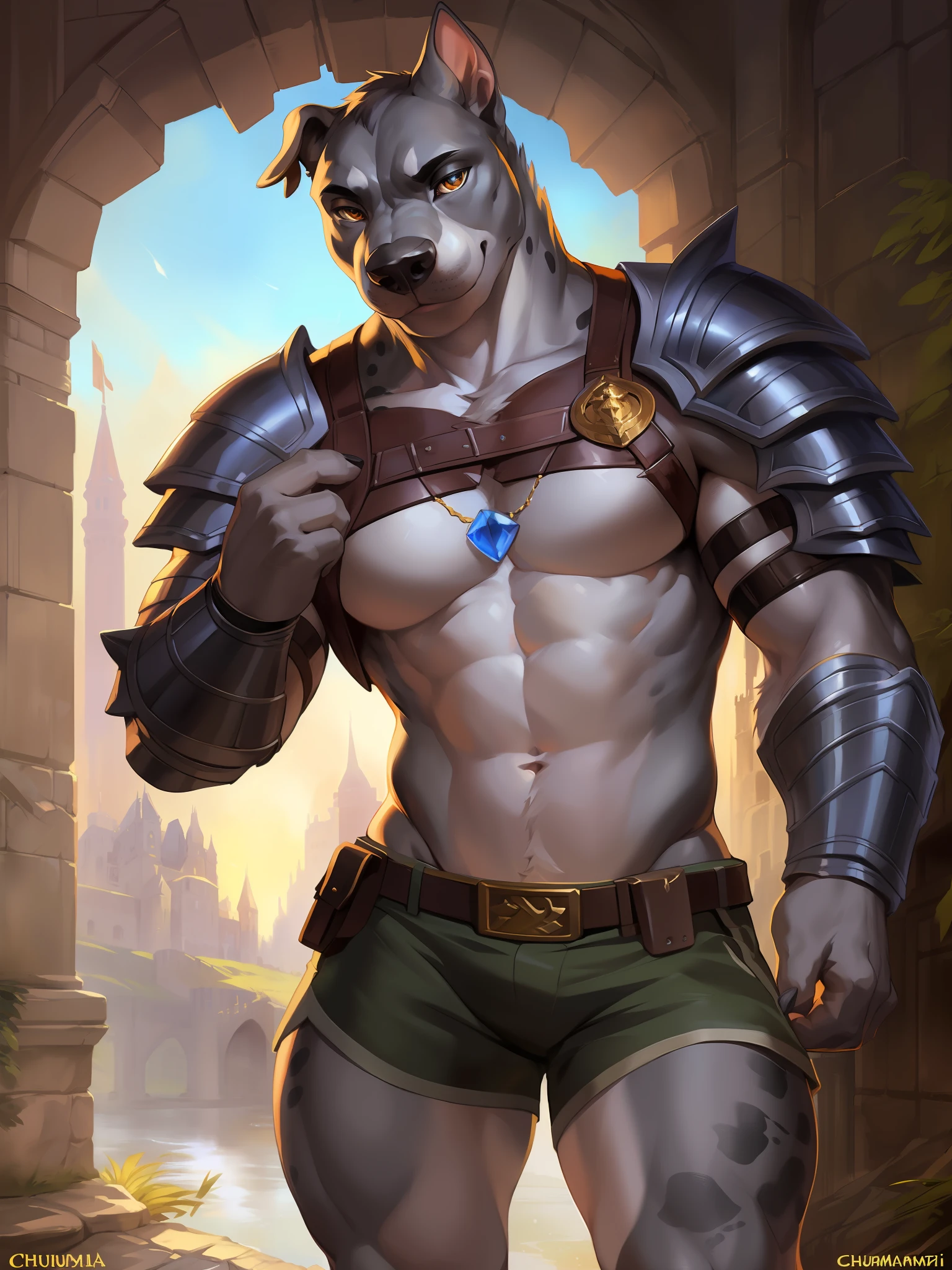loaded in e621, (Pit Bull,Mastiff anthro male), low, standing, solo, muscle, texture of detailed scale, ancient castle, (battlefield), (military clothing, ((shorts)))), (shoulder armor,), gray body, black and spots, dawn, shaded, dark environment, (art of chunie, (drakgem), ((rakisha)), (kontanagamori)), (front view), [simple background], detailed pupils, works of art, caustics, rim lighting,  Single light source, sharp shadows, solo portrait, (Digitgrade), (Kemono), by Inessa Garmash, Greg Rutkowski, Pino Daeni, Ruan Jia