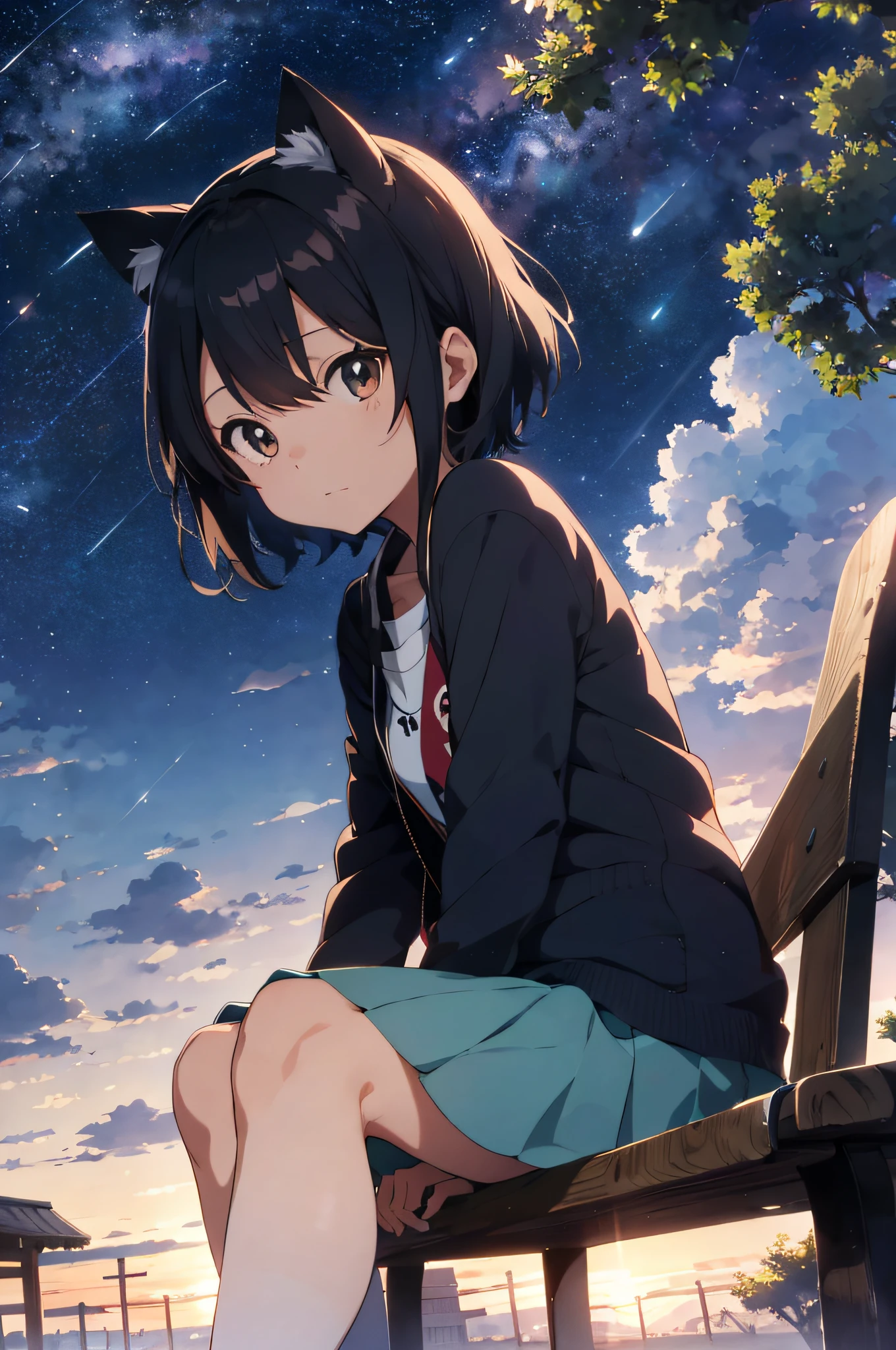 Anime cat-eared girl sitting on bench looking at stars, 4K anime wallpaper, Makoto Shinkai art style, anime style 4K, anime art wallpaper 8K, anime wallpaper 4K, anime wallpaper 4K, 4K manga wallpaper, anime art wallpaper 4K, watching sunset. Anime, animation art wallpaper 4K, beautiful anime cat-eared girl,wakame, wakame, wakame, wakame, wakame,