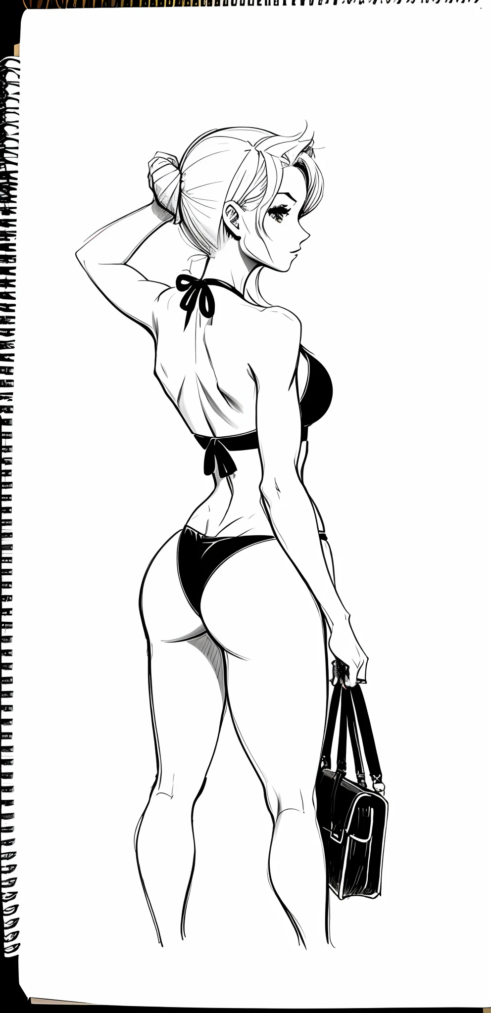 a drawing of a woman in a bikini holding a purse, loose pencil sketch, old sketch, various pose, a pencil sketch, pinup pose, rough sketch, sketched, back pose, matte sketch, side pose, thick outline, ink and pencil, pencil sketch, girl sketch, quick sketch, hand on hips, pose study, line sketch, character is in her natural pose