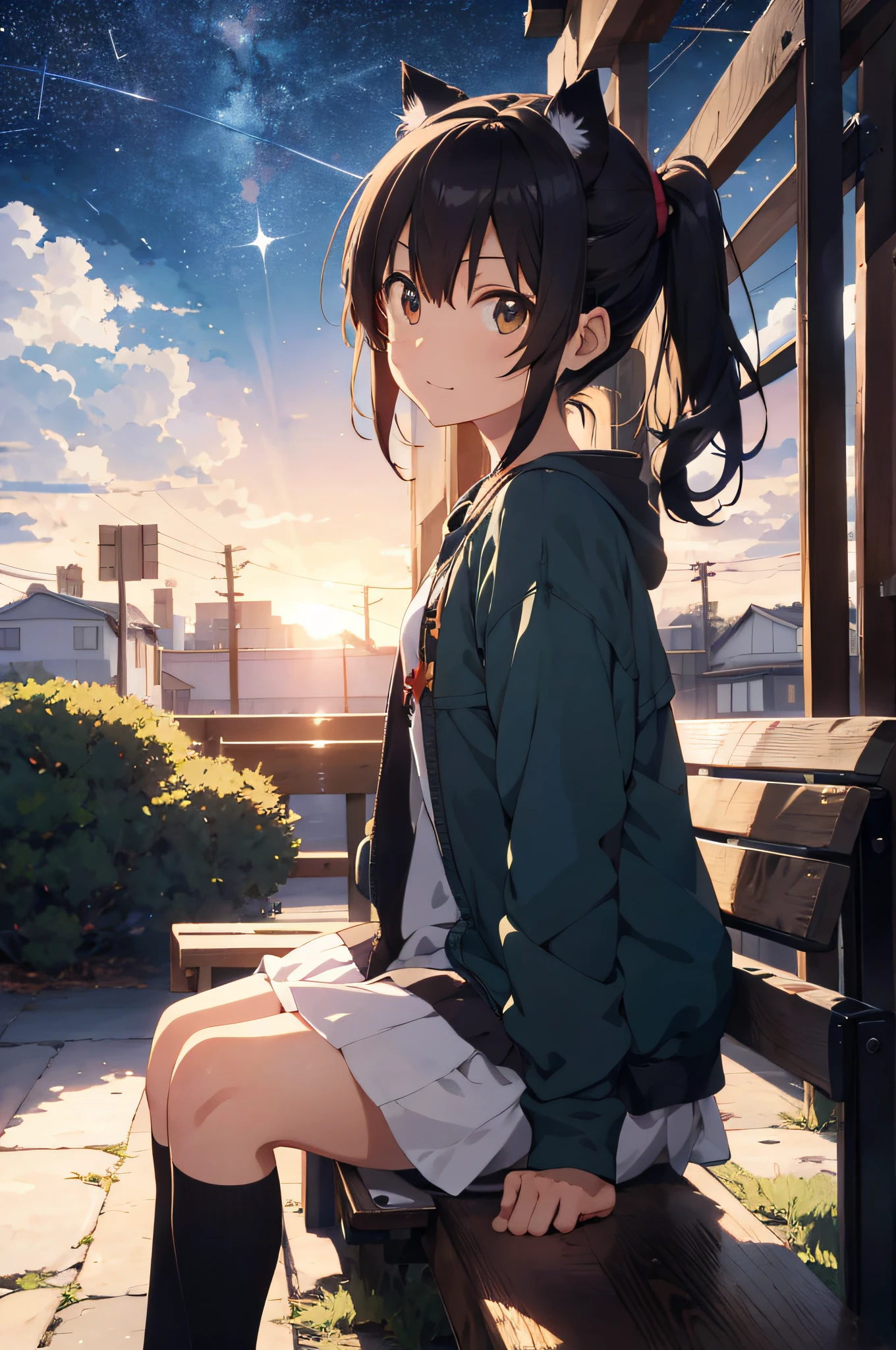 Anime cat-eared girl sitting on bench looking at stars, 4K anime wallpaper, Makoto Shinkai art style, anime style 4K, anime art wallpaper 8K, anime wallpaper 4K, anime wallpaper 4K, 4K manga wallpaper, anime art wallpaper 4K, watching sunset. Anime, animation art wallpaper 4K, beautiful anime cat-eared girl,wakame, wakame, wakame, wakame, wakame,