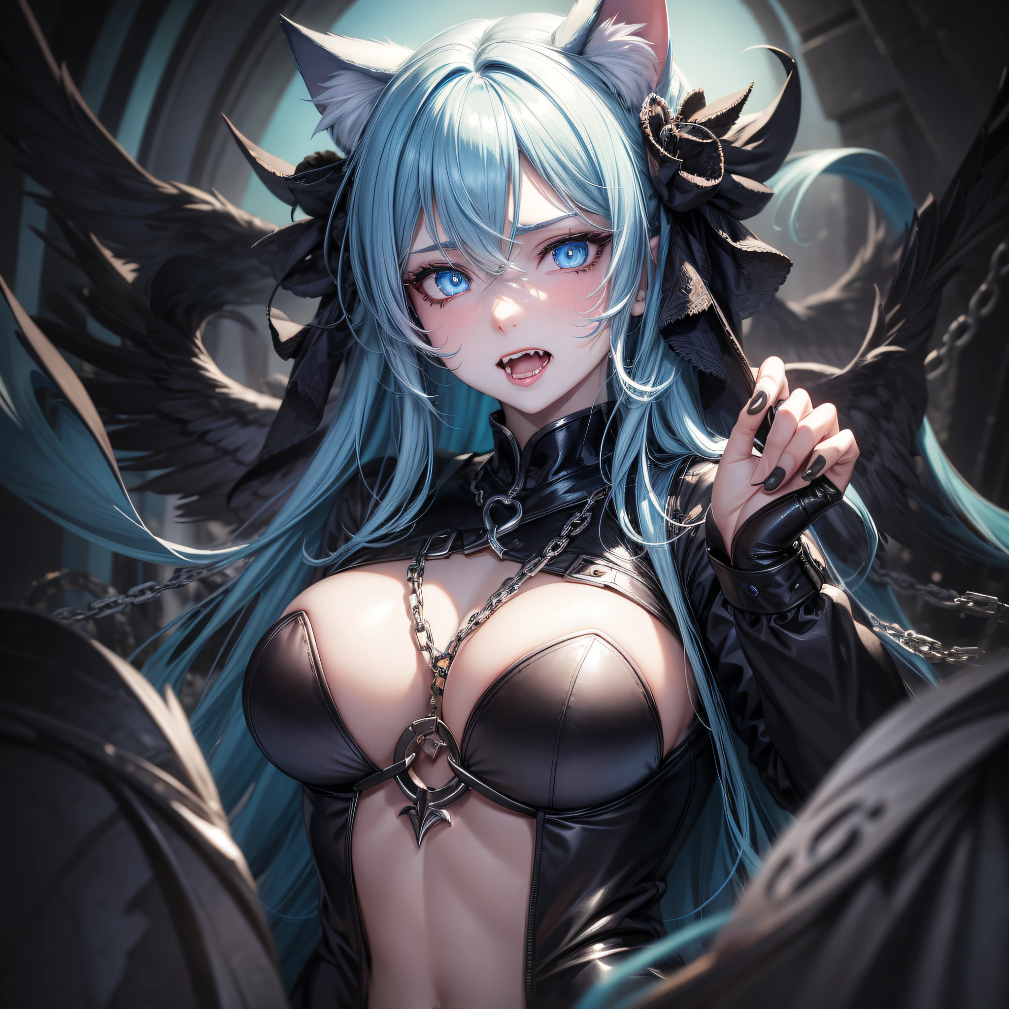 1 girl, big, succubus, black feathers, troubled expression, long light blue hair, braid, pale skin, heart-shaped light blue eyes, fangs, white cat ears, in a cage, chain --auto --s2