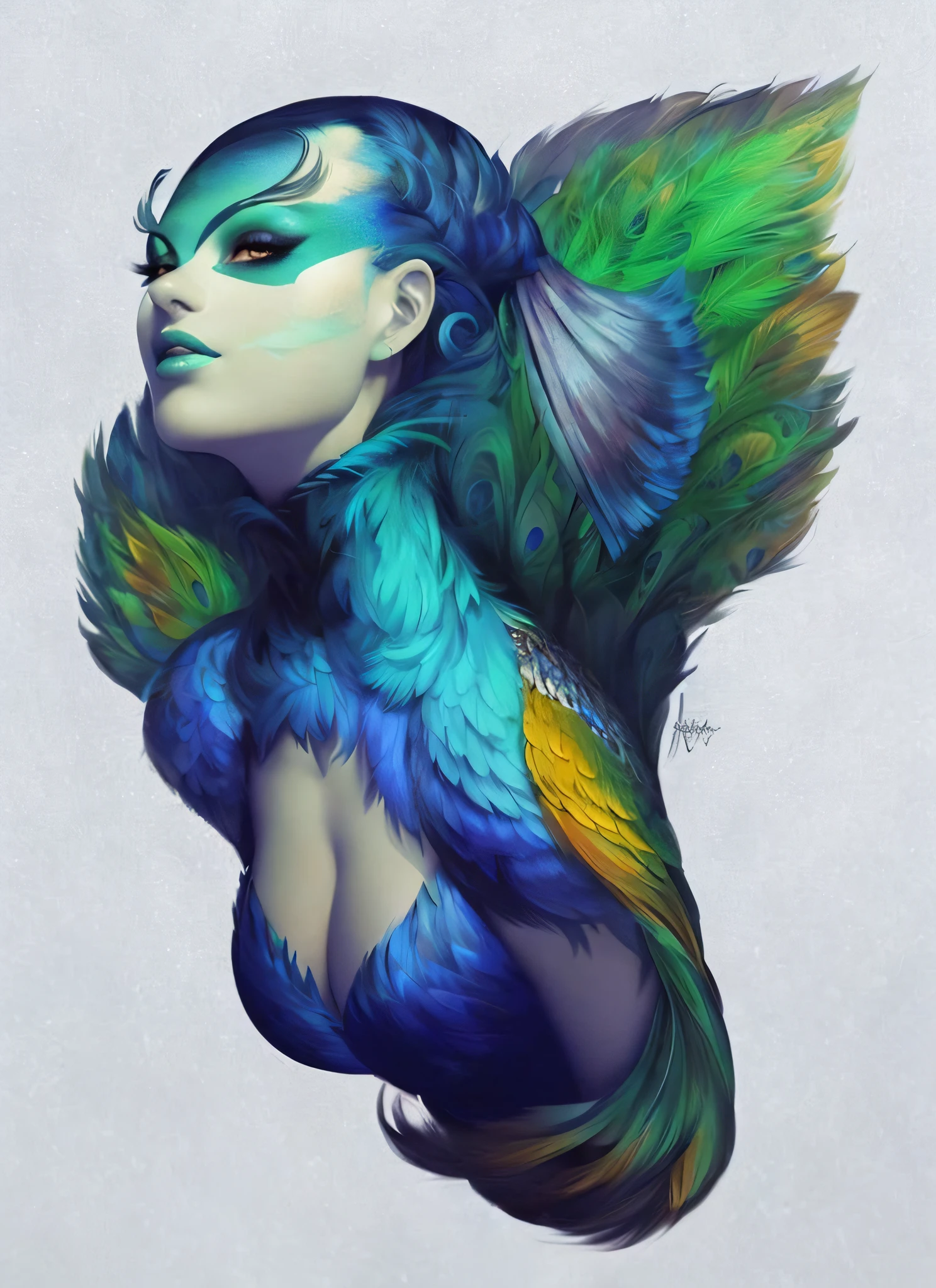a close up of a woman with a blue and green feathered head, art of alessandro pautasso, exquisite digital illustration, colorfull digital fantasy art, gorgeous digital art, artgerm colorful!!!, beautiful digital artwork, digital fantasy art ), digital fantasy art, digital art fantasy art, digital 2d fantasy art, stunning digital art, a beautiful artwork illustration