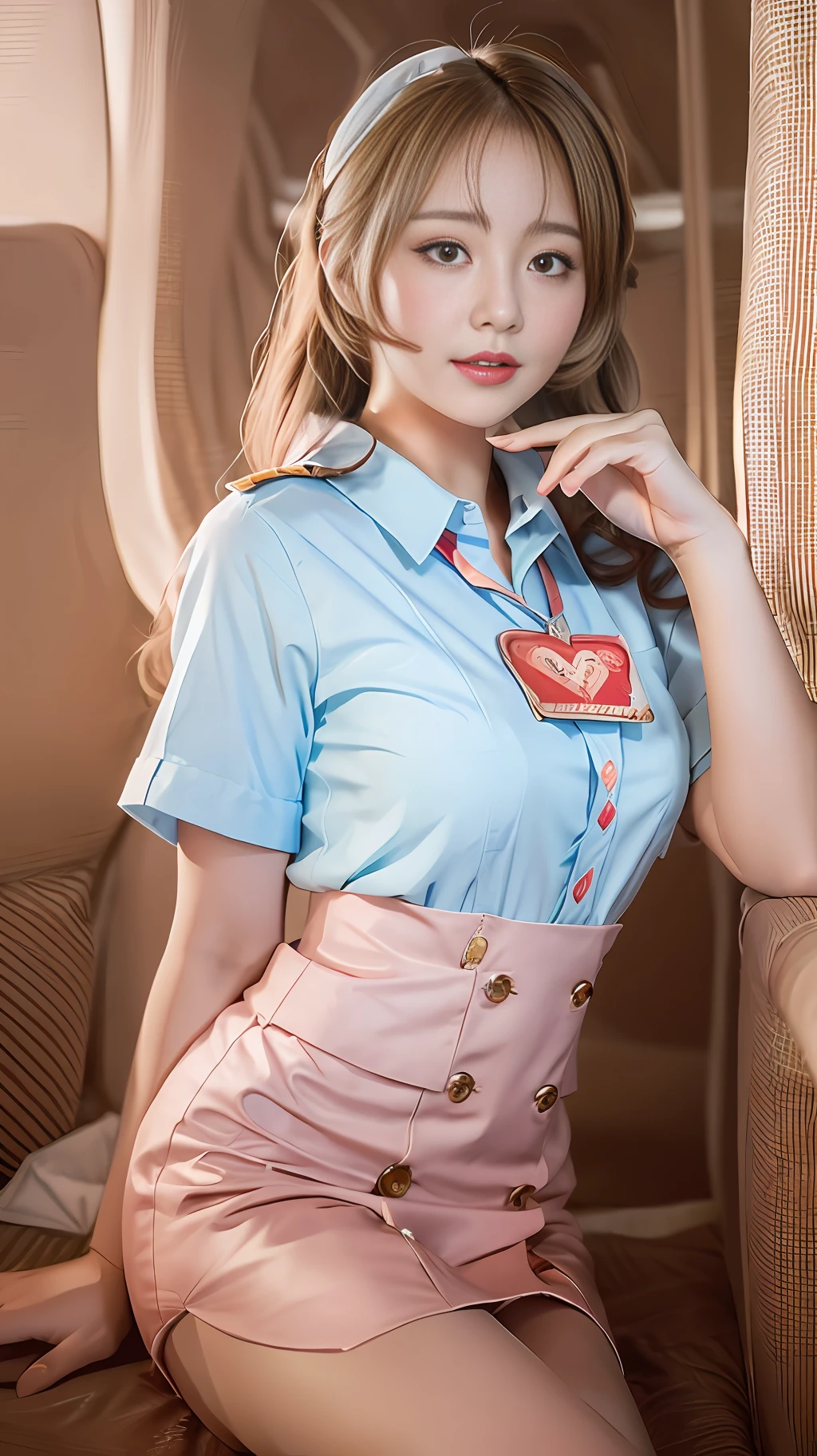 The painting style is soft, childish and cute, rich and ancient, flowing and moving, fleshy and full, girly heart, sweet and lovely, flight attendant uniform, simple atmosphere, loose and comfortable, red tone, bright and soft lighting. The figure is fat