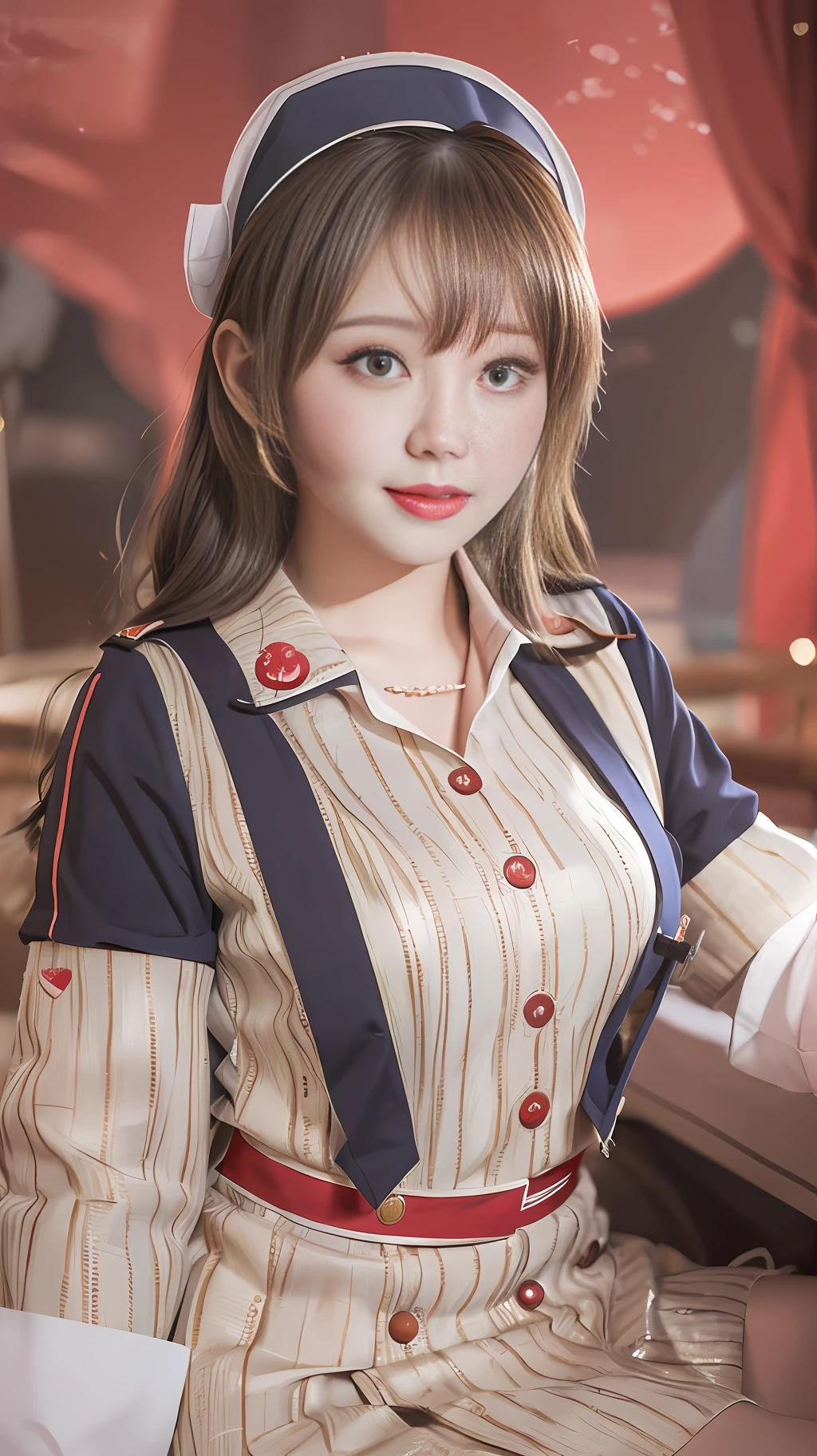 The painting style is soft, childish and cute, rich and ancient, flowing and moving, fleshy and full, girly heart, sweet and lovely, flight attendant uniform, simple atmosphere, loose and comfortable, red tone, bright and soft lighting. The figure is fat