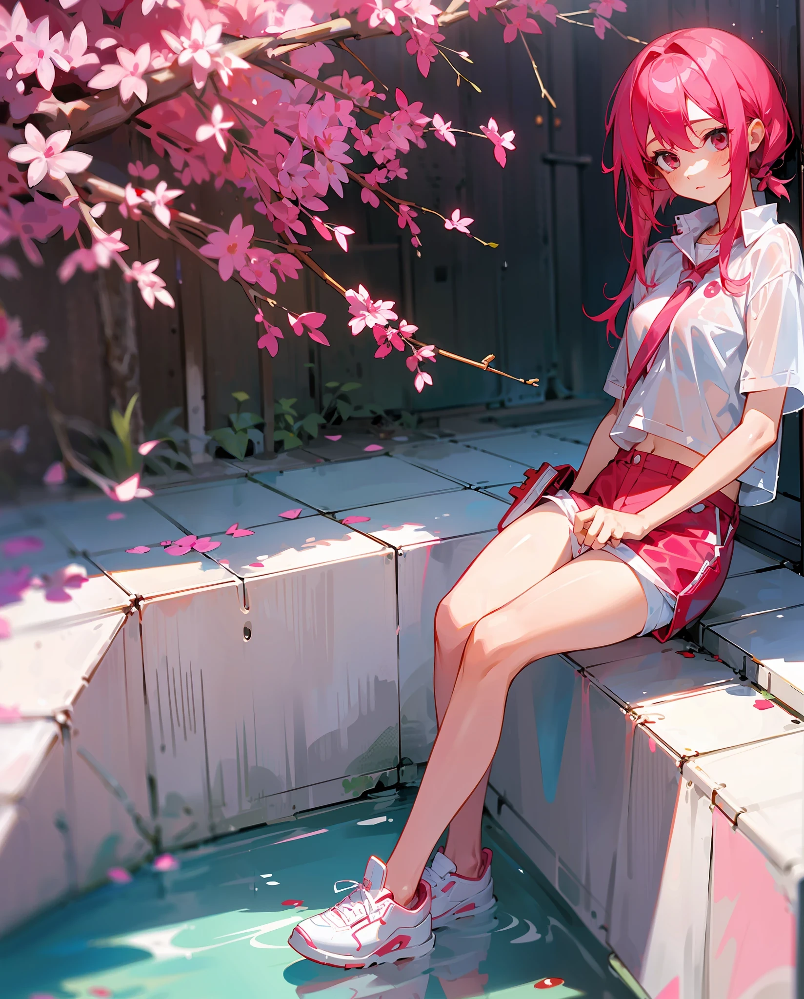 A girl with red pink hair, wearing wet white plastic clothes, red short pants, white shoes, clothes see through (3:2), wet (2:2) --auto --s2