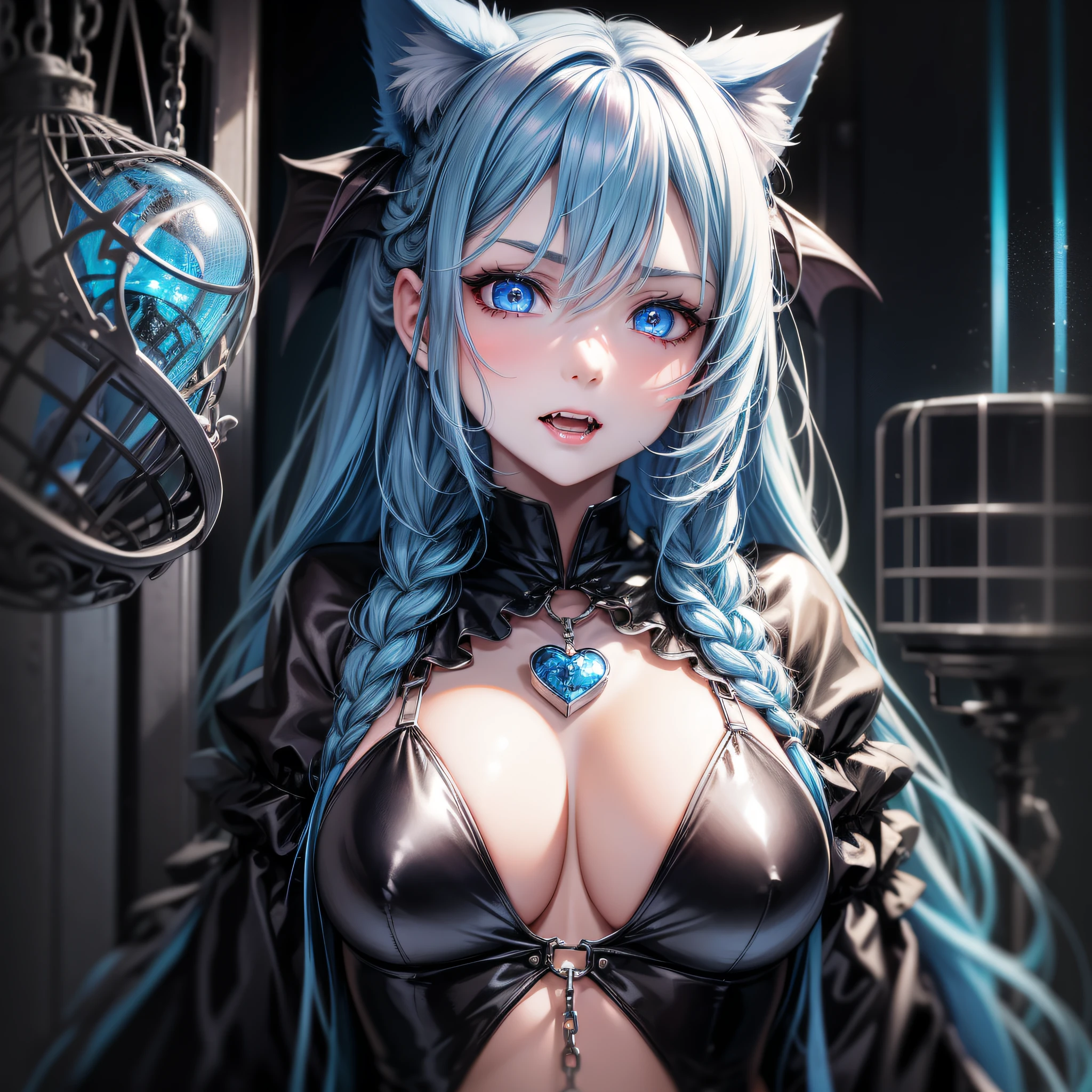 1 girl, big, succubus, black feathers, troubled expression, long light blue hair, braid, pale skin, heart-shaped light blue eyes, fangs, white cat ears, in a cage, chain --auto --s2