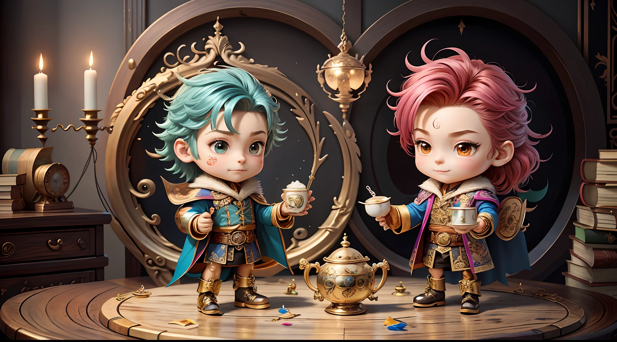 Masterpiece, best quality, wizard tea party, handsome male witch, beautiful witch, happy, vibrant, colorful, chibi,
