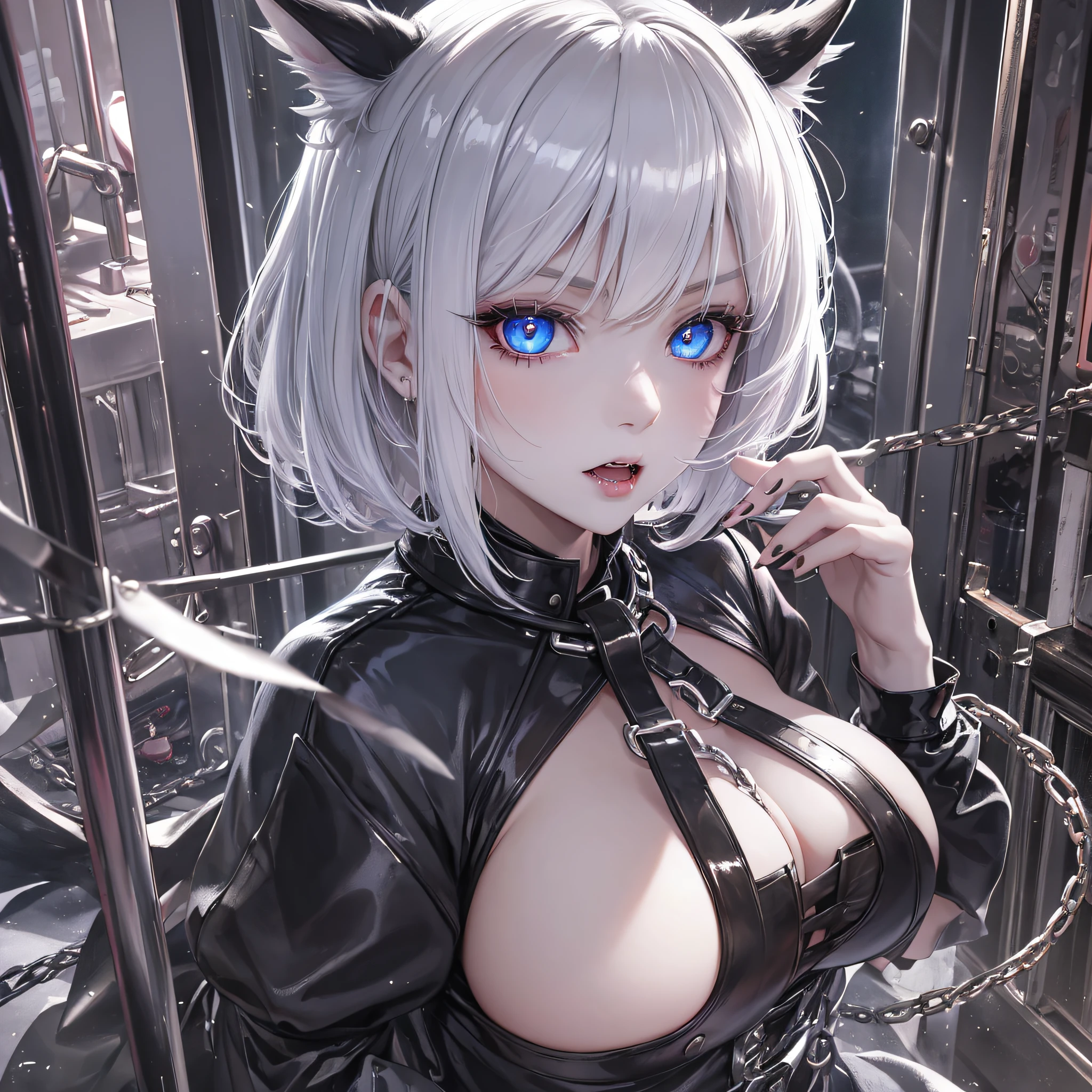 1 girl, big, succubus, black feathers, troubled look, white bob, pale skin, heart-shaped light blue eyes, fangs, white cat ears, in a cage, chain --auto --s2