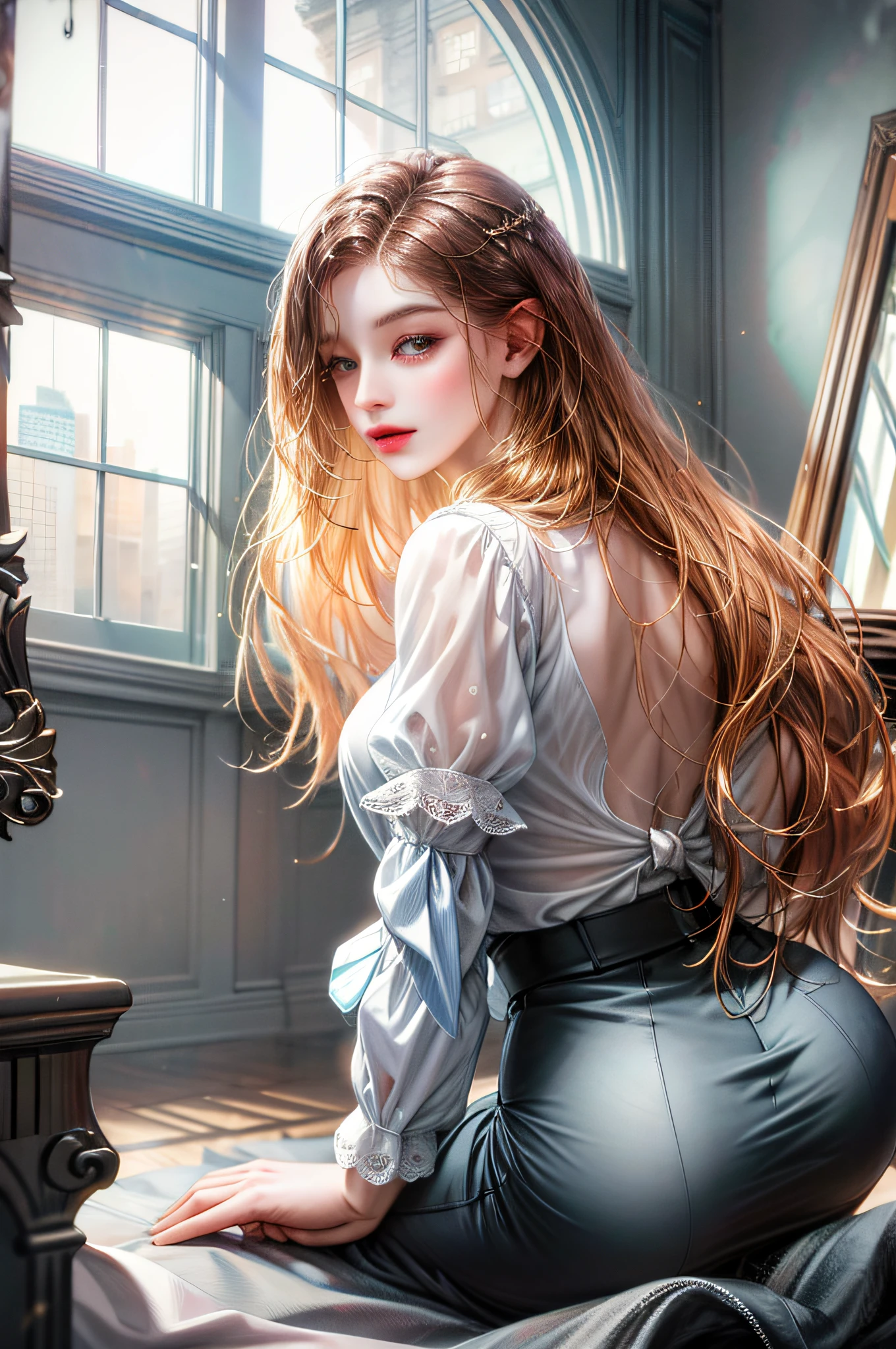 Behind the woman who creates one, there is a window showing various buildings in the city (absurd, high resolution, super detail), lesbian, Jefax employee, office clothes, one with long hair, one with short women, white sheer blouse, no miniskirt, underwear bitten, sexy pose, lower body slender, back figure, gaze is window side, buttocks sticking out, on all fours,