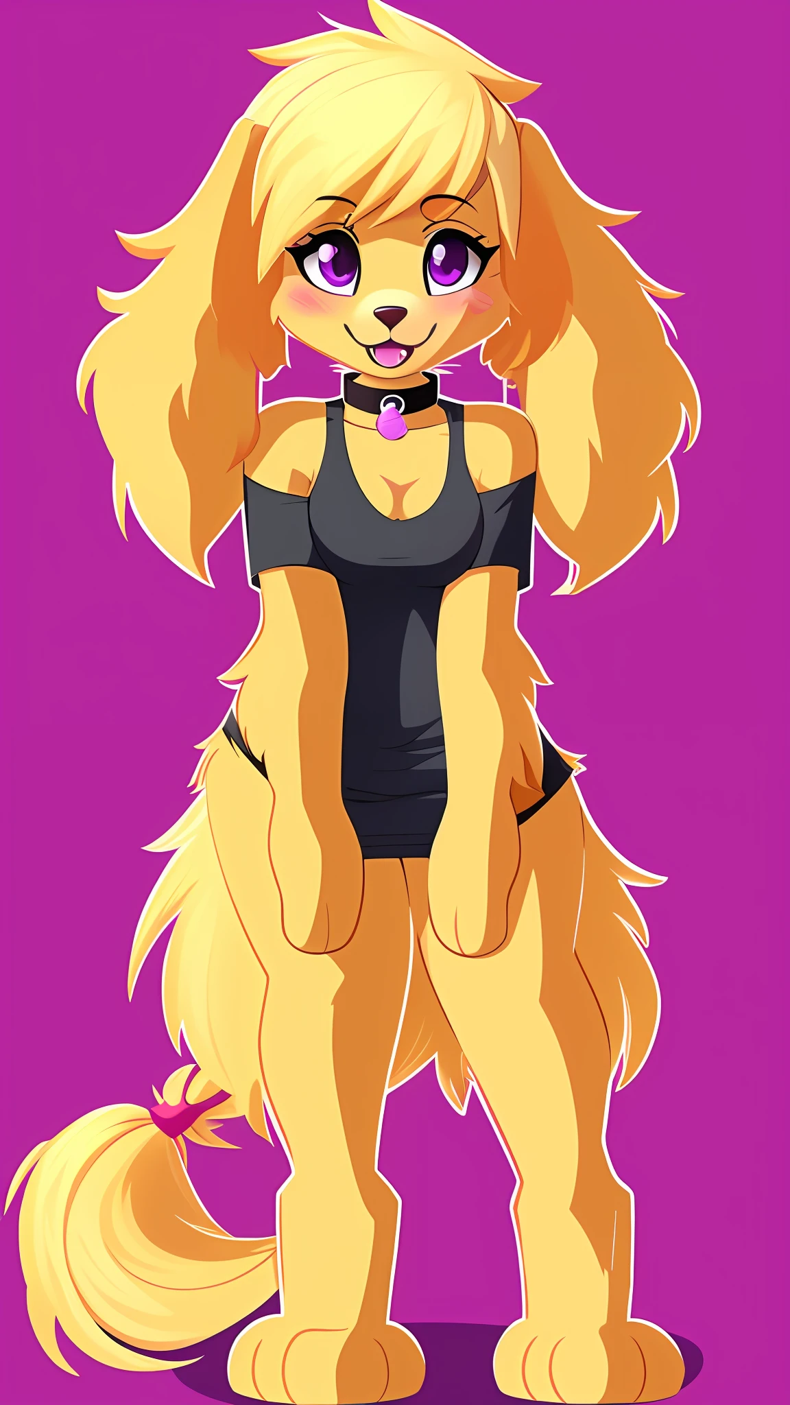 1girl, solo, fangs, happy, full body, clothed, body fur, furry female, furry, purple eyes, tail, looking at viewer, animal ears, blonde hair, :3, short hair, yellow fur, flat color, medium breasts, animal nose, choker, dog girl, collar, dog ears, bangs, nose blush, dog tail, animal feet, long ears, golden retriever, spaniel dog, fluffy ears, downward ears, floppy ears, long ear fur, ears as hair, adult, mature, fluffy hair, spiky hair, messy hair