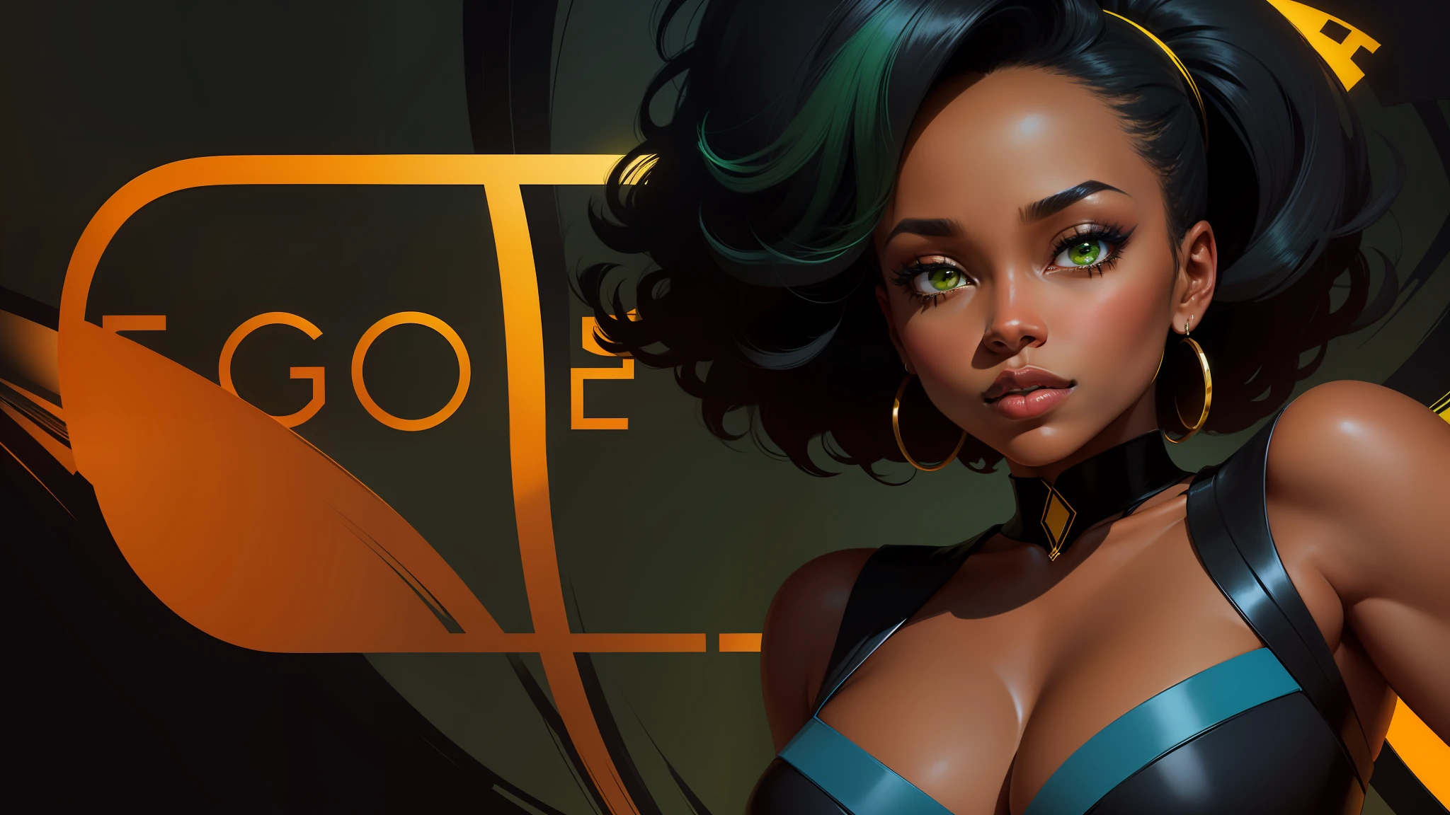 Digital illustration, (close-up, character on the right) A modern and elegant black woman, in the style of jazz, looking at the camera and forward, dramatic lighting, colored and abstract flat background, no text, (predominant colors: black, dark blue, green, yellow)