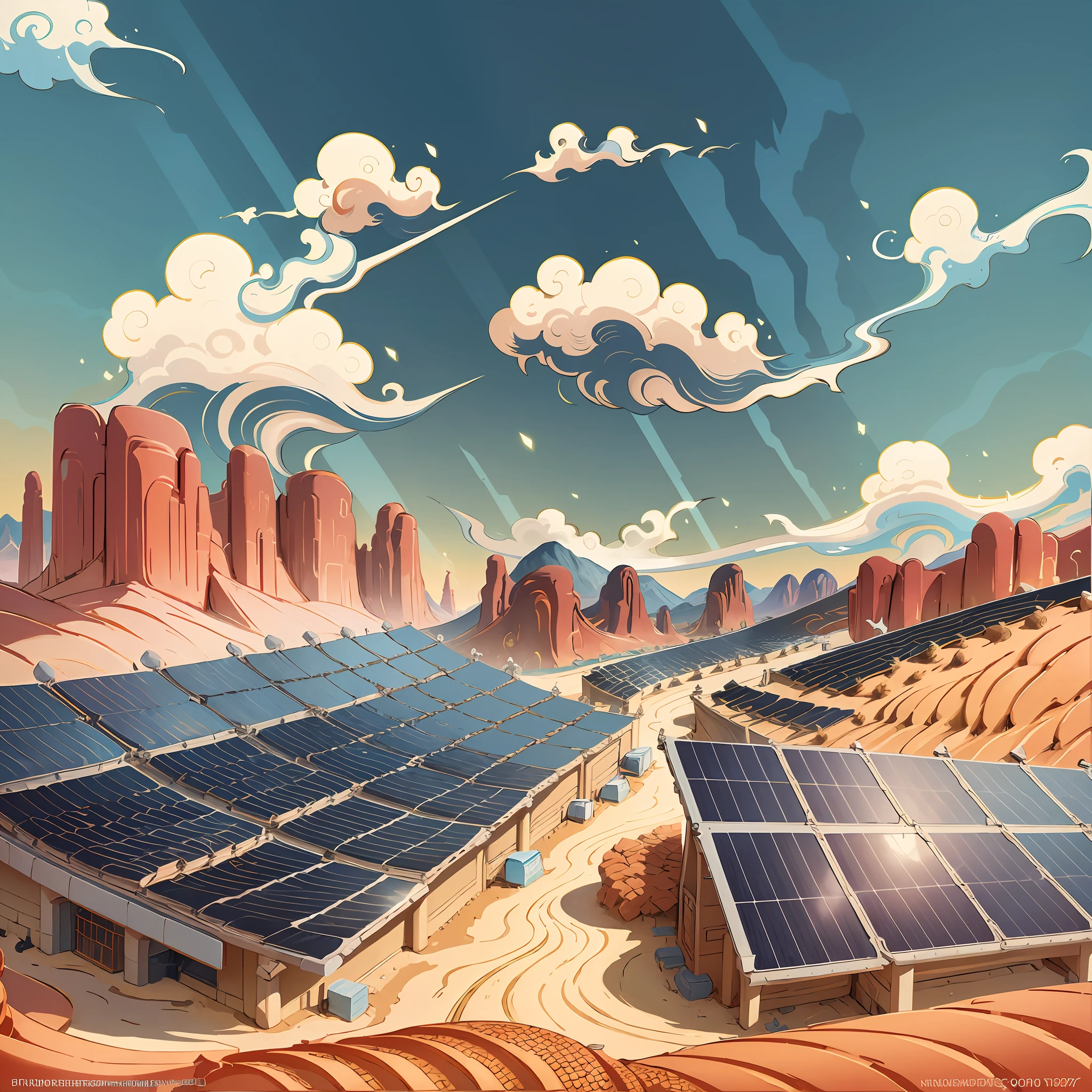 Poster design, (SFW), new energy photovoltaic panels, solar panels, photovoltaic power generation, concept style, Dragon Boat Festival, background is interspersed in the desert mountains, perfect quality, clear focus, colorful, perfect face, complex details, ultra-low viewing angle, wide angle lens, 9:16 --auto --s2