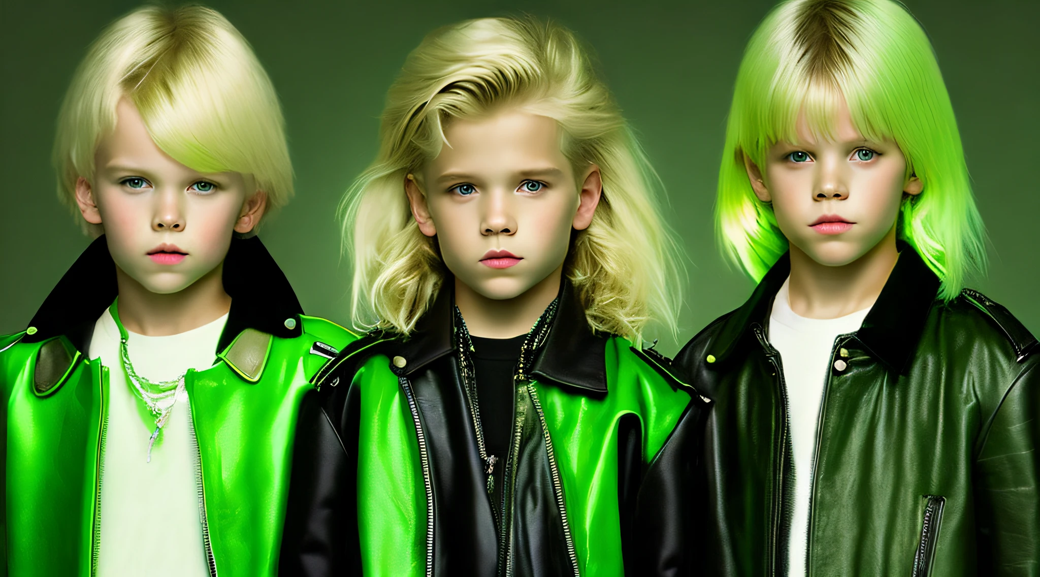 3 children boys WITH LONG LONG STRAIGHT HAIR platinum blonds, green leather jacket and black clothes. PORTRAT STYLE, a green glow, detalized background of green glow, green glow, green ambient light, bright green, radioactive glow green, neon green, sickening green colors.
