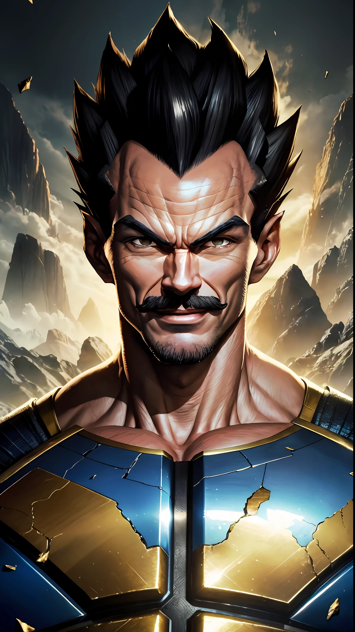 8k portrait of vegeta muscular, intricate, smiling, looking at the camera, elegant, wearing mustache, highly detailed, majestic, digital photography, art by artgerm and ruan jia and greg rutkowski, black hair, broken glass around (masterpiece, side lighting, beautiful finely detailed eyes: 1.2 ), hdr,