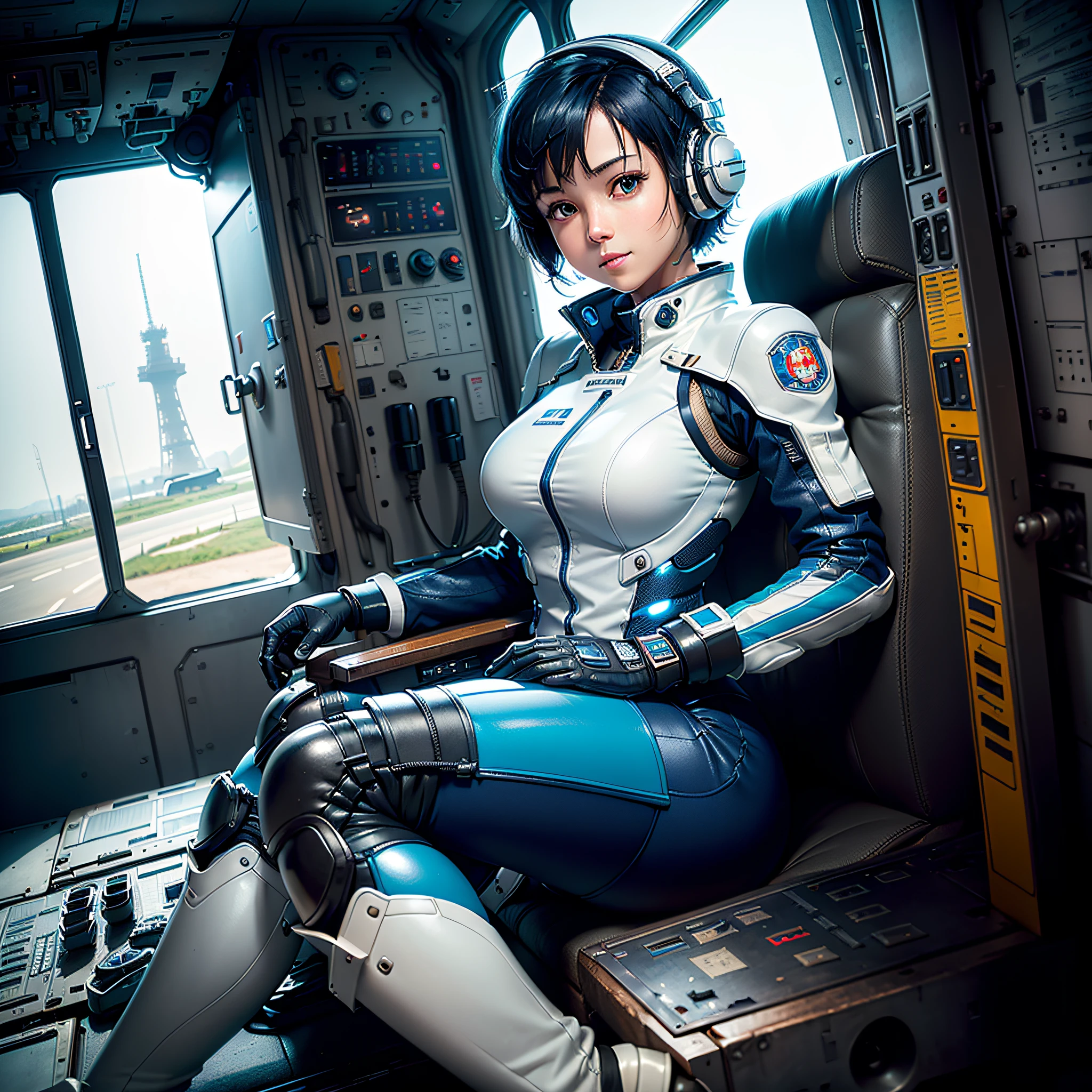(masterpiece, highest quality, highest resolution, distinct_image, very elaborate CG, cinematic lighting, ray tracing, drop shadows, detailed detail, (photorealistic: 1.4), high quality textures, fine-grained, realistic face expression): (lone girl, face is Japan, short blue hair, small size breasts, sparkling eyes, Eye level shot, white and blue color pilot suit, tight fit clothes, full-body covering clothing, light smile, beauty, slim body, exoskeleton, heroine, headset, long boots, gloves, riding and piloting a robot leaning forward, control panel, tools, safety equipment, radar display, touch panel, various indicators, levers, computer keyboard, mouse, warning lights, fuel gauges, pressure gauges, control towers outside the window, large levers, foot access pedals, brake pedals, thick manuals, military bases outside the window)