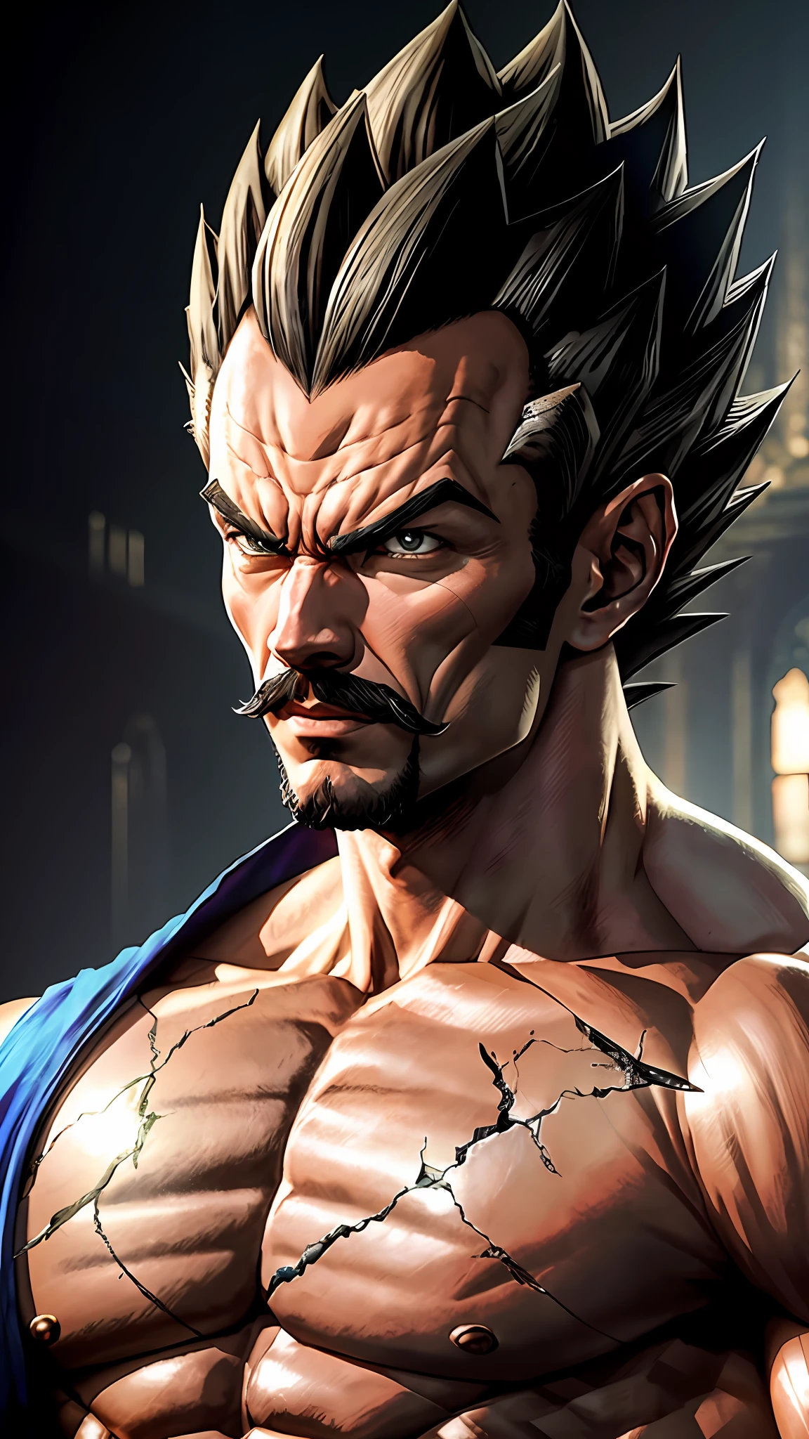 8k portrait of vegeta muscular, intricate, looking at the camera, elegant, wearing mustache, highly detailed, majestic, digital photography, art by artgerm and ruan jia and greg rutkowski, black hair, broken glass around (masterpiece, side lighting, beautiful finely detailed eyes: 1.2 ), hdr,