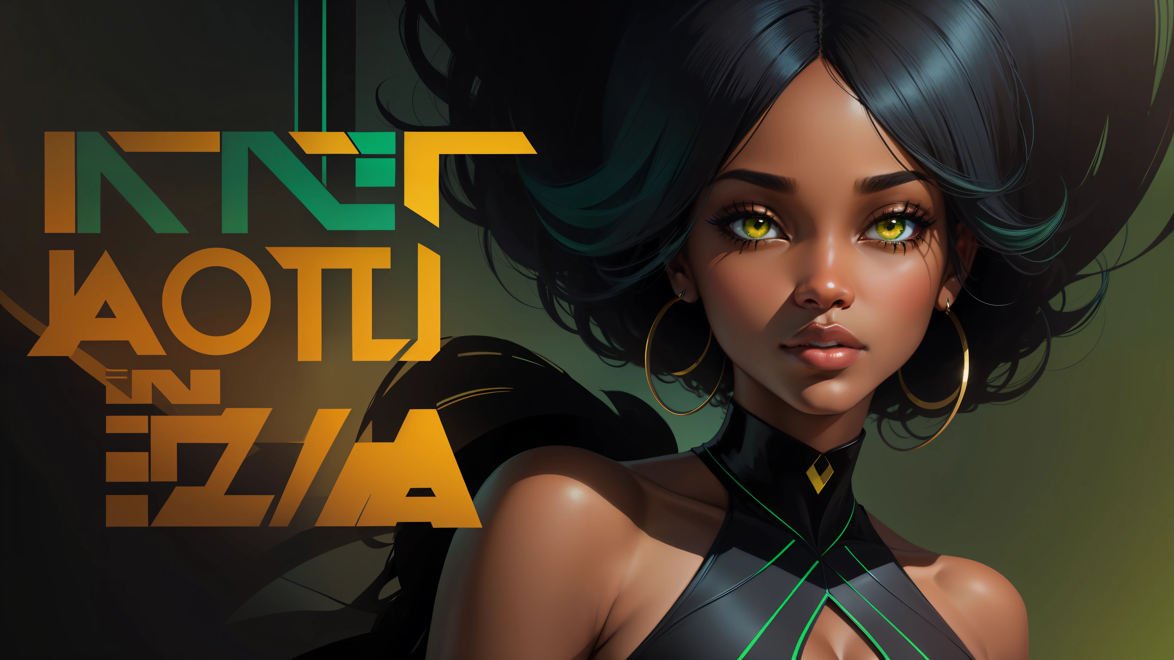 Digital illustration, (close-up, character on the right) A modern and elegant black woman, in the style of jazz, looking at the camera and forward, dramatic lighting, colored and abstract flat background, no text, (predominant colors: black, dark blue, green, yellow)