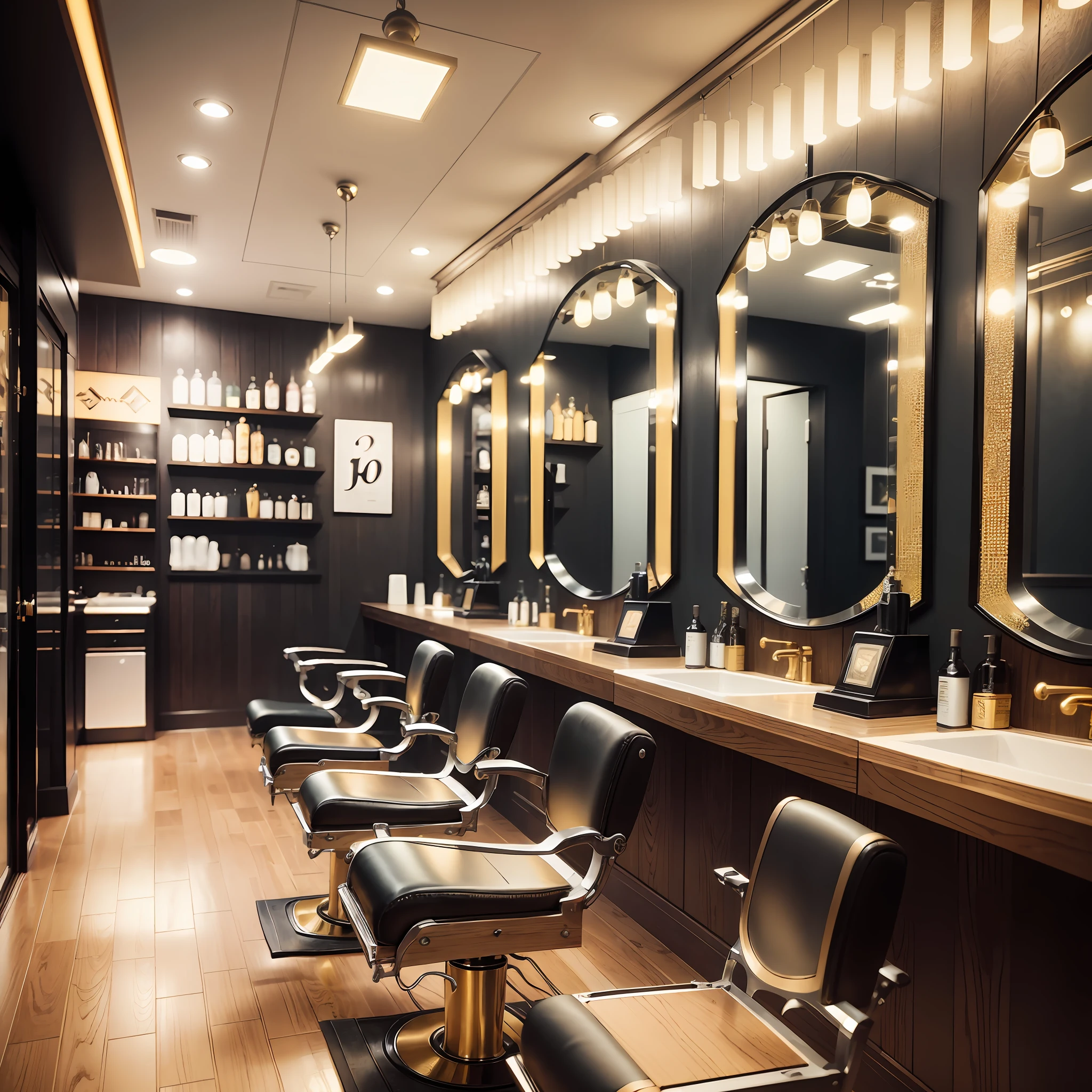 (depth of field, [black and gold barbershop:1.2], wooden furniture, LED lighting) --auto --s2