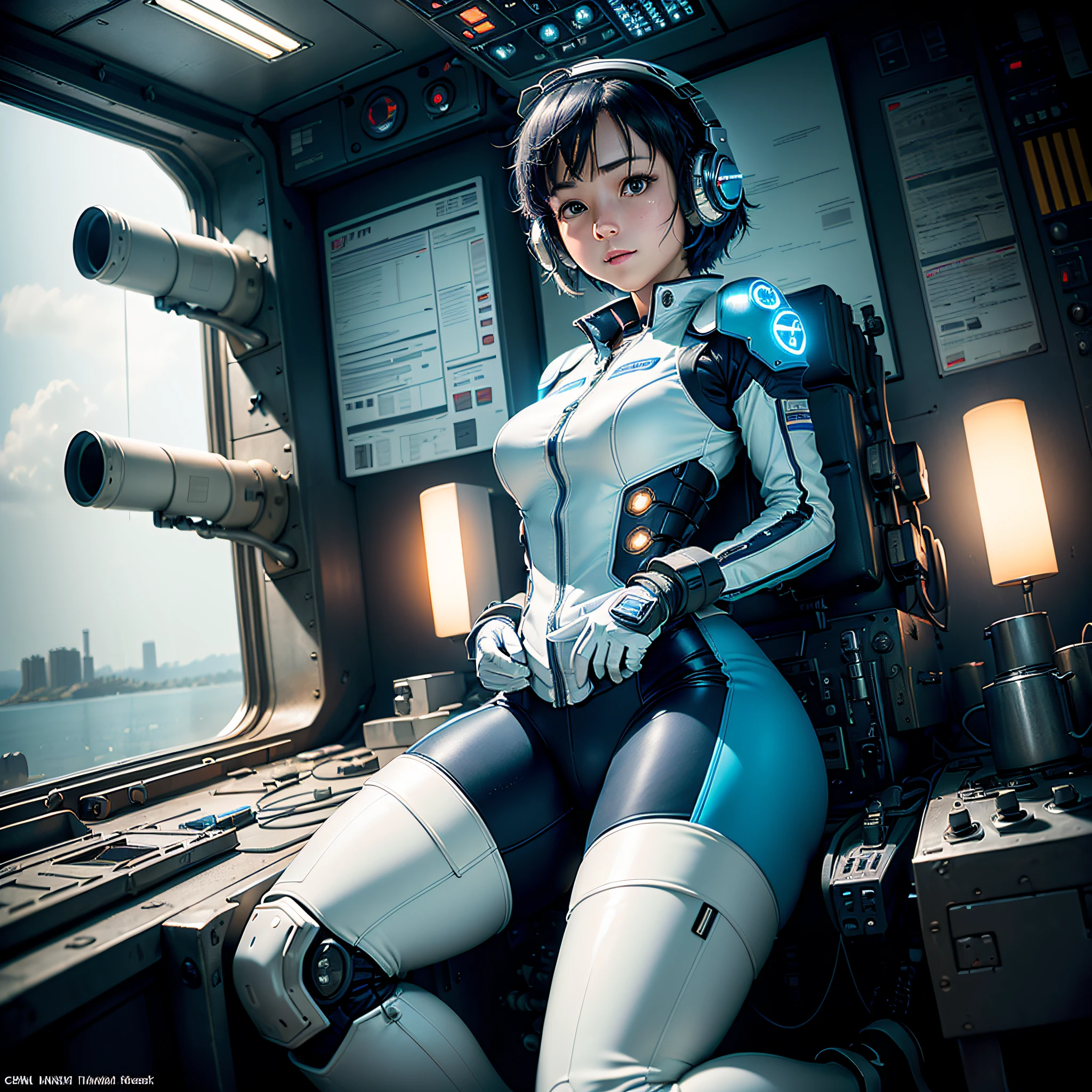 (masterpiece, highest quality, highest resolution, distinct_image, very elaborate CG, cinematic lighting, ray tracing, drop shadows, detailed detail, (photorealistic: 1.4), high quality textures, fine-grained, realistic face expression): (lone girl, face is Japan, short blue hair, small size breasts, sparkling eyes, Eye level shot, white and blue color pilot suit, tight fit clothes, full-body covering clothing, light smile, beauty, slim body, exoskeleton, heroine, headset, long boots, gloves, riding and piloting a robot leaning forward, control panel, tools, safety equipment, radar display, touch panel, various indicators, levers, computer keyboard, mouse, warning lights, fuel gauges, pressure gauges, control towers outside the window, large levers, foot access pedals, brake pedals, thick manuals, military bases outside the window)