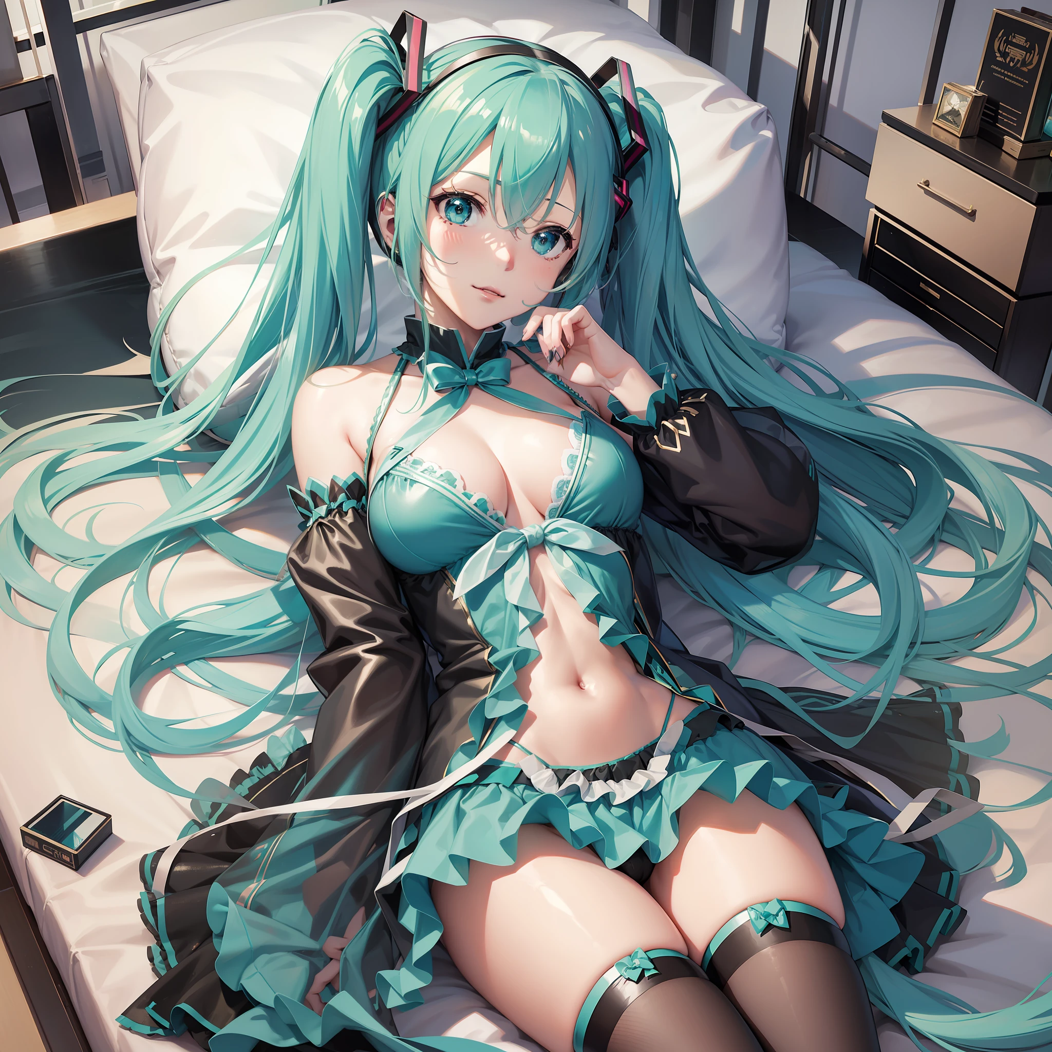 (Hatsune Miku), (seductive), (cute), cute costume, big, in bedroom, anime style, lying down