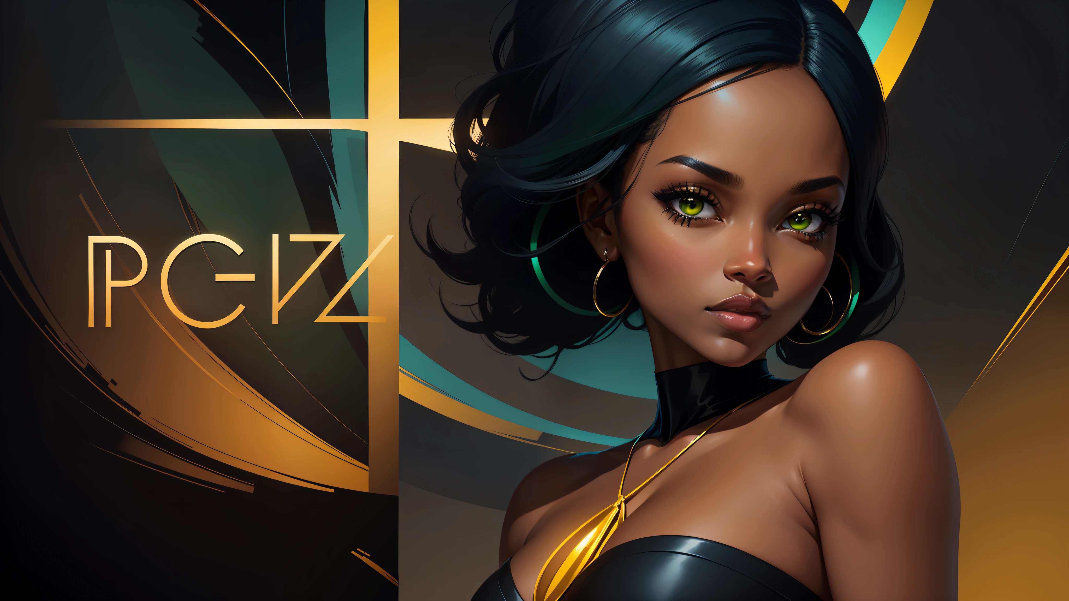 Digital illustration, (close-up, character on the right) A modern and elegant black woman, in the style of jazz, looking at the camera and forward, dramatic lighting, colored and abstract flat background, no text, (predominant colors: black, dark blue, green, yellow)