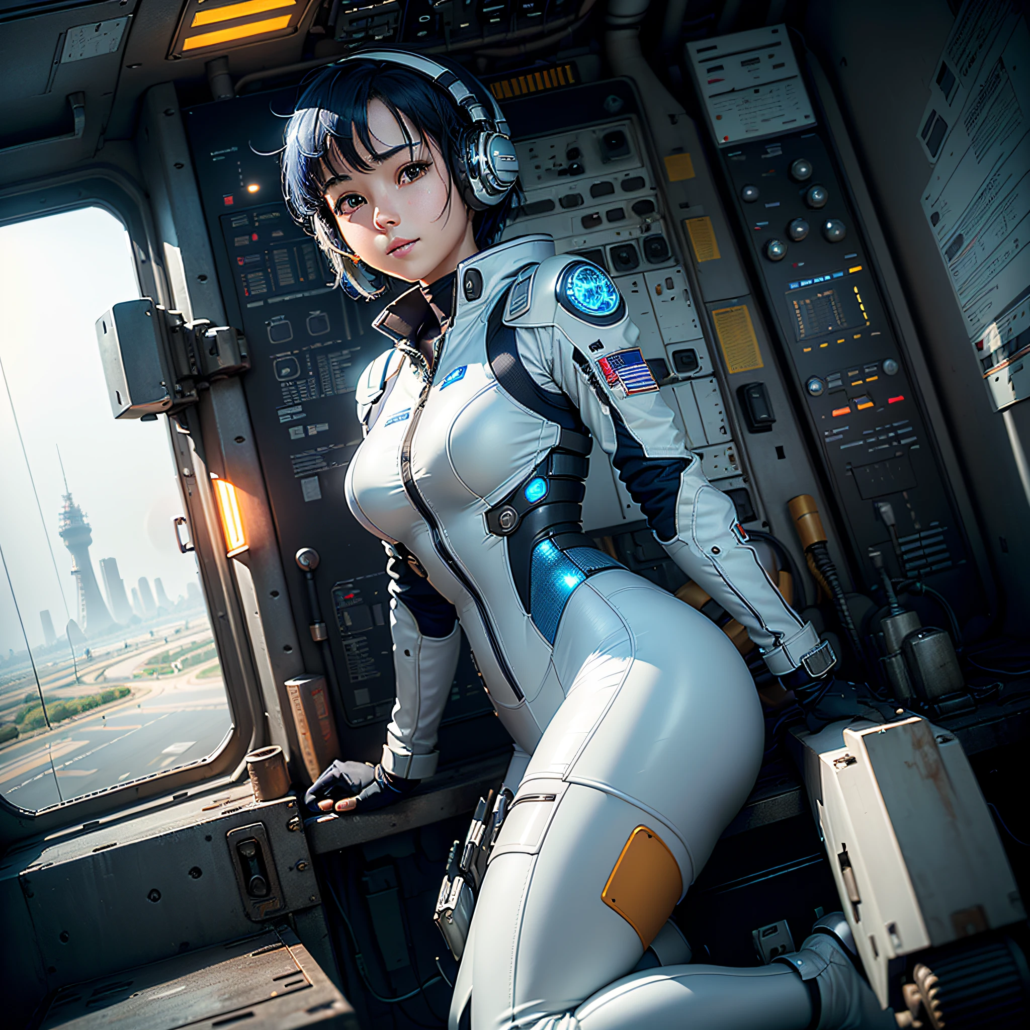 (masterpiece, highest quality, highest resolution, distinct_image, very elaborate CG, cinematic lighting, ray tracing, drop shadows, detailed detail, (photorealistic: 1.4), high quality textures, fine-grained, realistic face expression): (lone girl, face is Japan, short blue hair, small size breasts, sparkling eyes, Eye level shot, white and blue color pilot suit, tight fit clothes, full-body covering clothing, light smile, beauty, slim body, exoskeleton, heroine, headset, long boots, gloves, riding and piloting a robot leaning forward, control panel, tools, safety equipment, radar display, touch panel, various indicators, levers, computer keyboard, mouse, warning lights, fuel gauges, pressure gauges, control towers outside the window, large levers, foot access pedals, brake pedals, thick manuals, military bases outside the window)