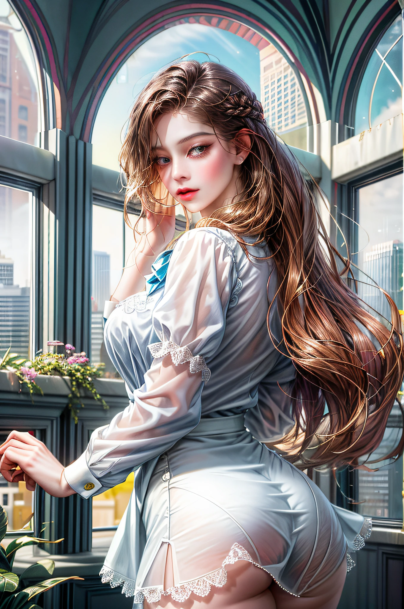 Behind the woman who creates one, there are windows showing various buildings in the city (absurdity, high resolution, super detail), lesbian, Jefax employee, office clothes, one with long hair, one short woman, white sheer blouse, no miniskirt, underwear bite, sexy pose, lower body slender, back figure,
