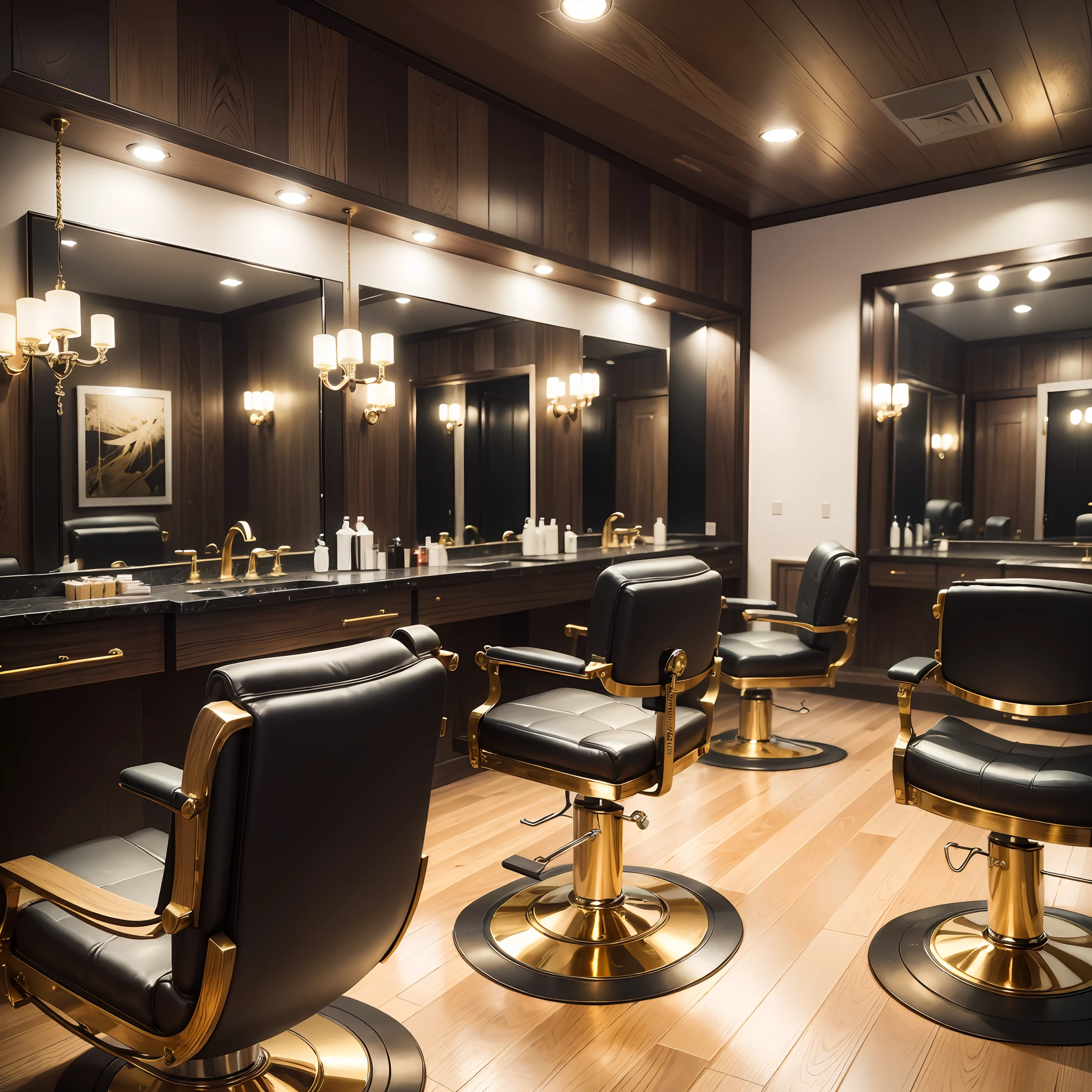 (depth of field, [black and gold barbershop:1.2], wooden furniture, LED lighting) --auto --s2