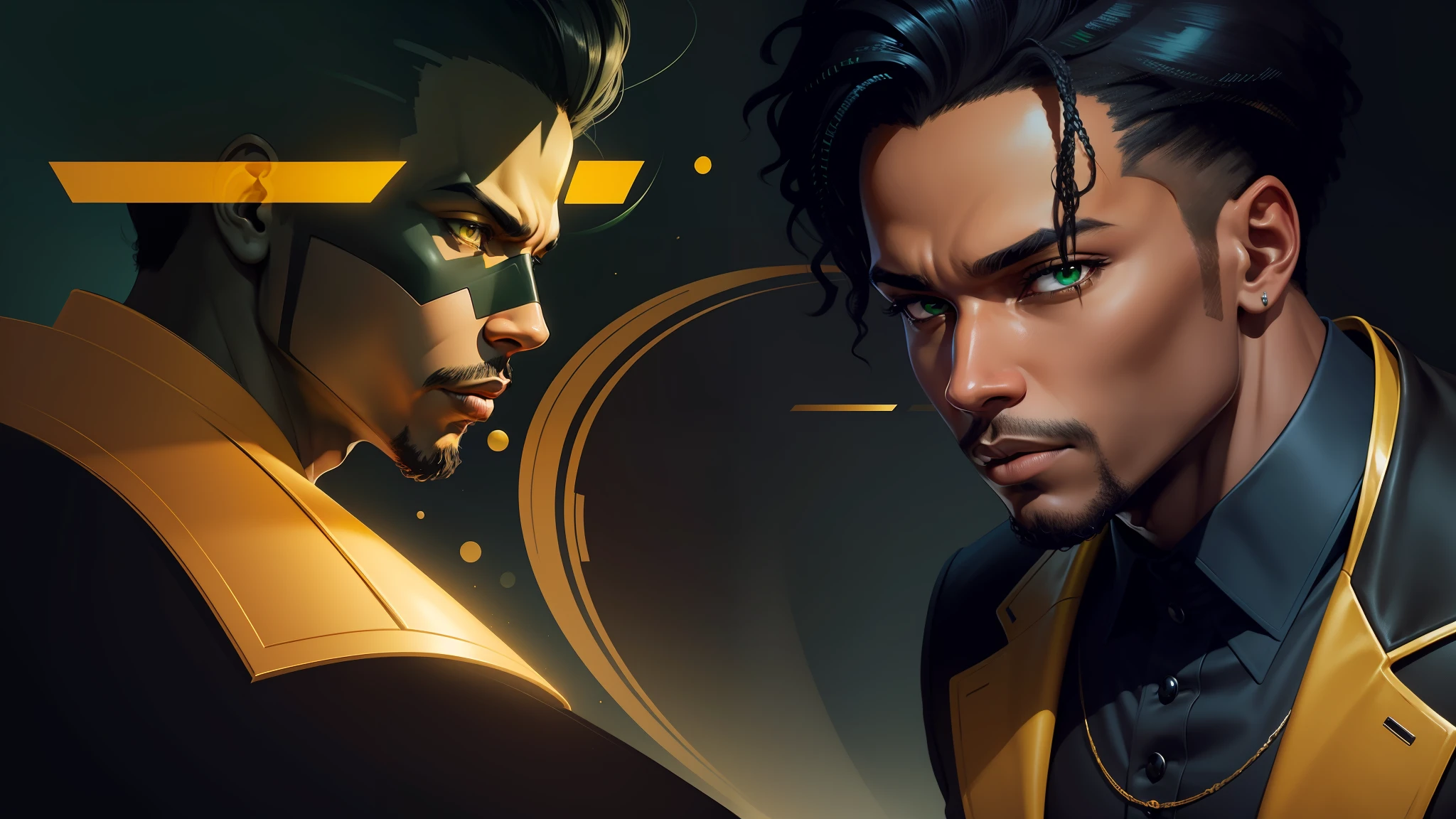 digital illustration, (close-up, character on the right), a modern and elegant black man, in the style of jazz, looking at the camera and forward, dramatic lighting, colored and abstract flat background, no text, (predominant colors: black, dark blue, green, yellow)