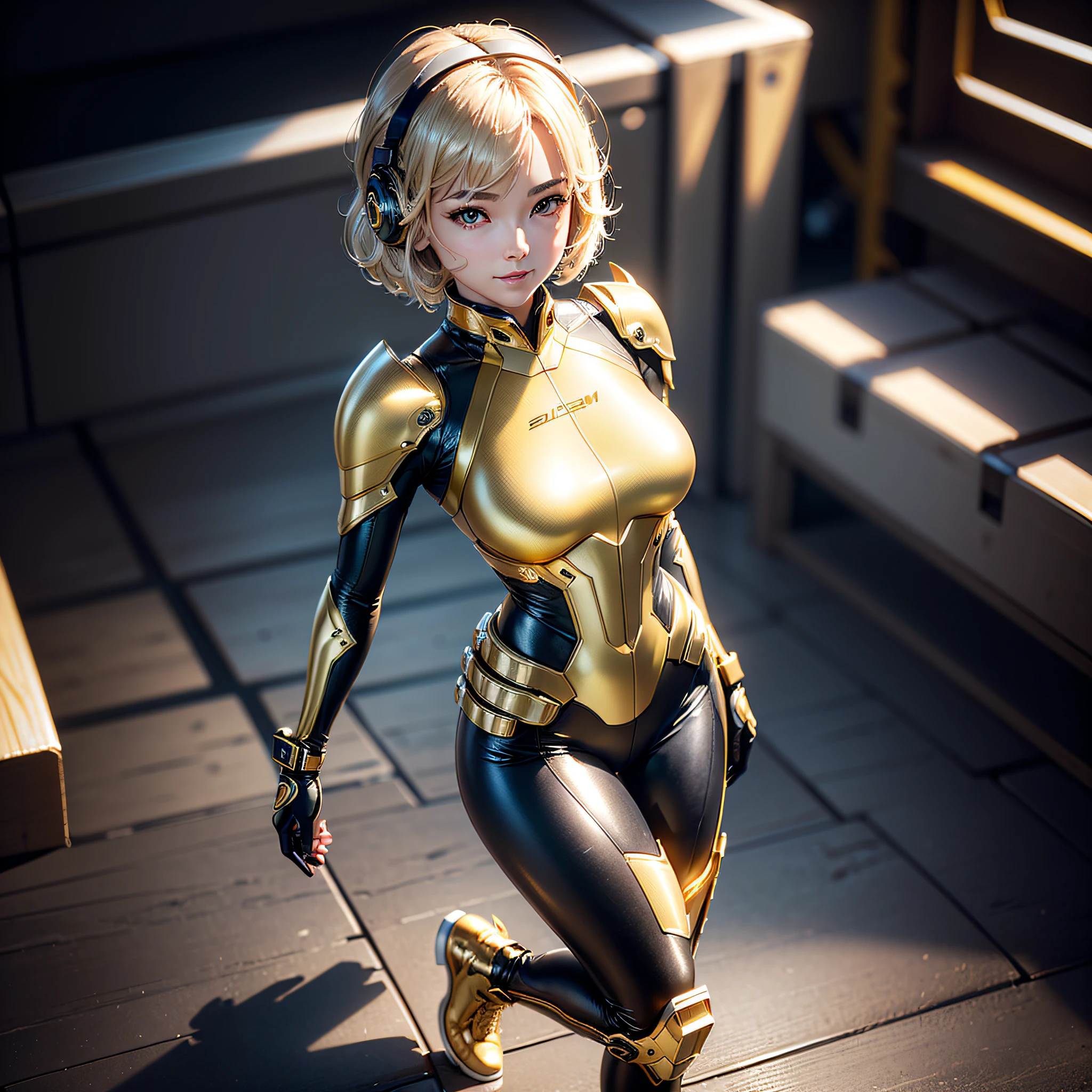 (Masterpiece, highest quality, highest resolution, distinct_image, very elaborate CG, cinematic lighting, ray tracing, drop shadows, detailed detail, (photorealistic: 1.4), high quality textures, fine-grained, realistic face expression): (single girl, face is Japan, girl with golden hair, short hair, small size breasts, Sparkly black color eyes, eye level shots, metallic golden flight suit, tight fit clothes, full body covering clothes, light smile, beauty, slim body, exoskeleton, heroine, headset, long boots, gloves)