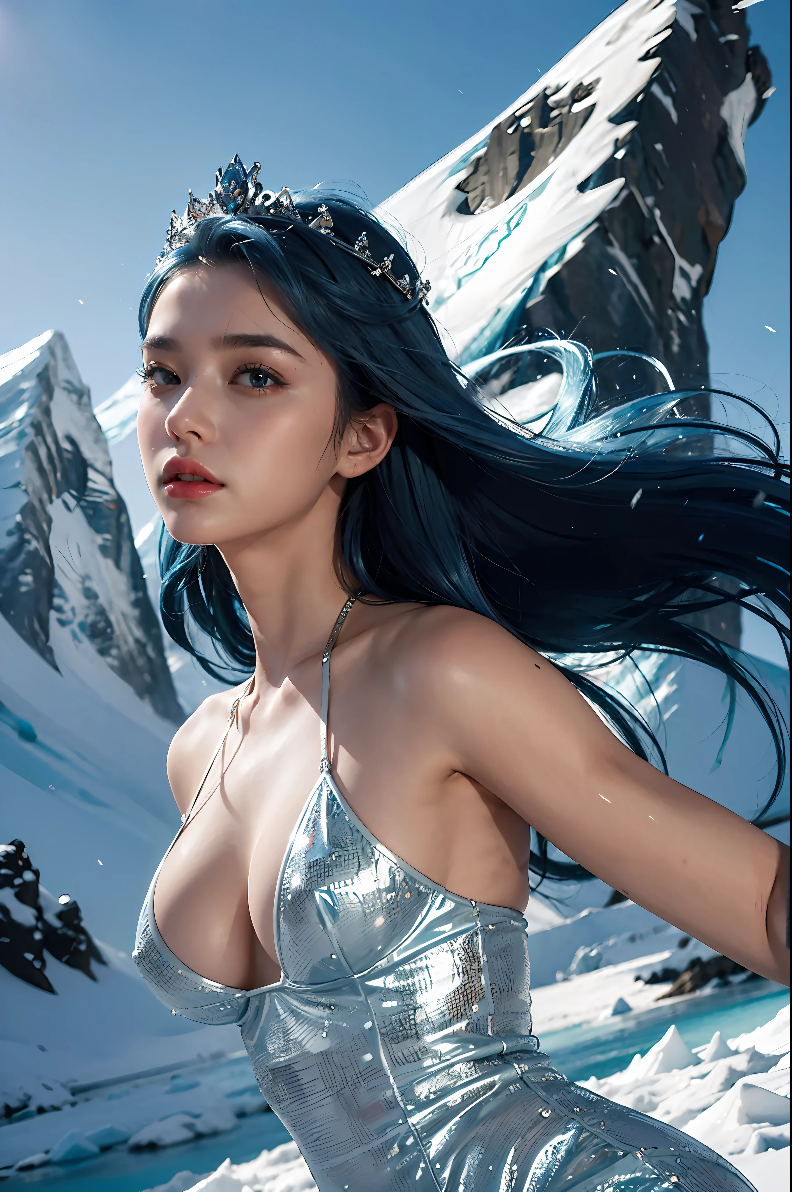 ((masterpiece,best quality,highest quality,realistic, inticrate detail)), 1 girl, blue hair, floating hair, long hair, ice element, large breast,ice queen, at everest ,dynamic pose